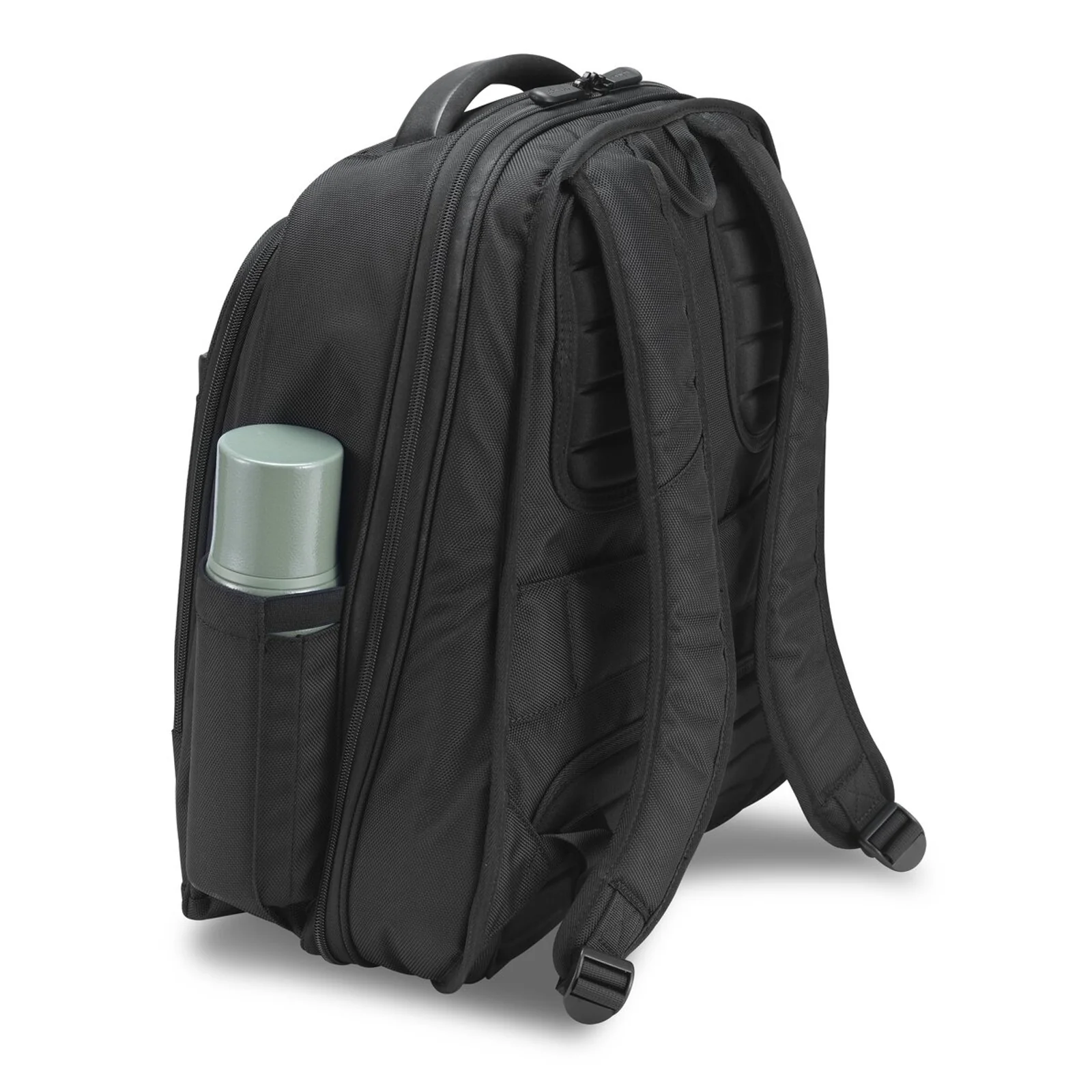 Vue latérale du Kensington Contour 2.0 EQ Pro avec poche latérale et bouteille d'eau verte