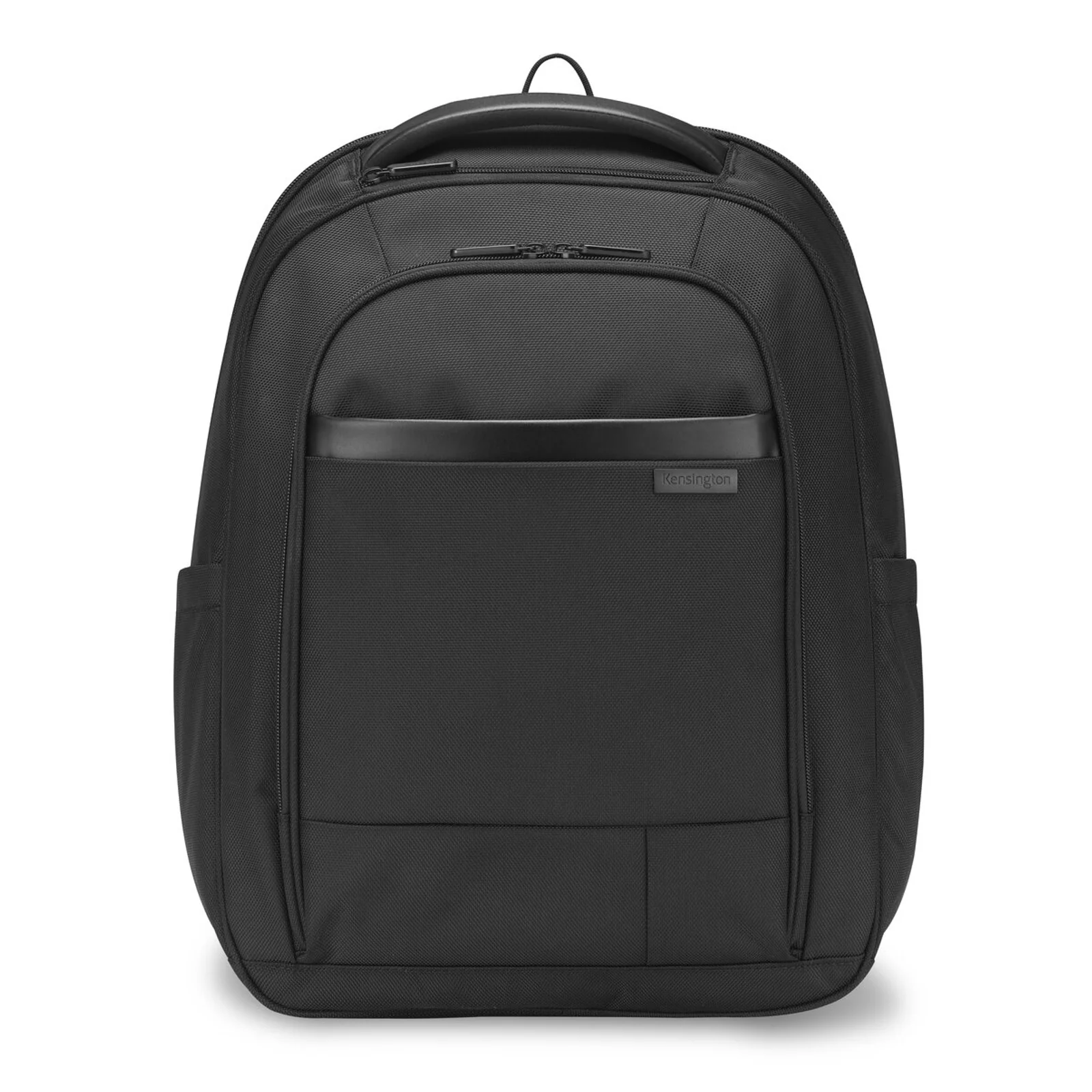 Face avant du sac à dos Kensington Contour 2.0 EQ Pro, bande logo et poches extérieures noires