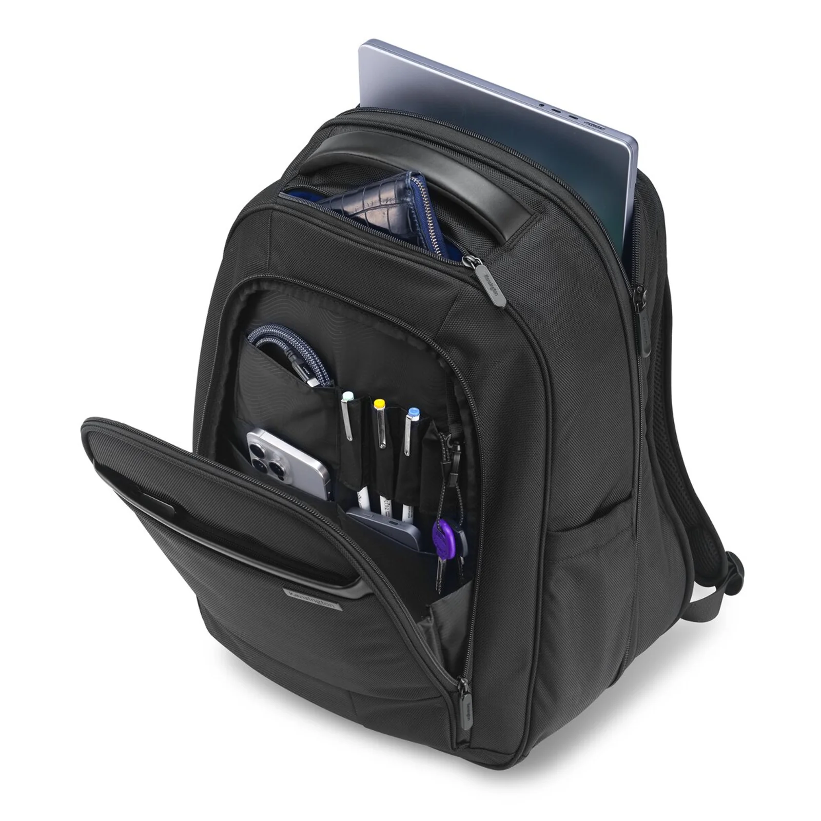 Compartiment avant ouvert du Kensington Contour 2.0 EQ Pro, organiseurs et poches pour accessoires