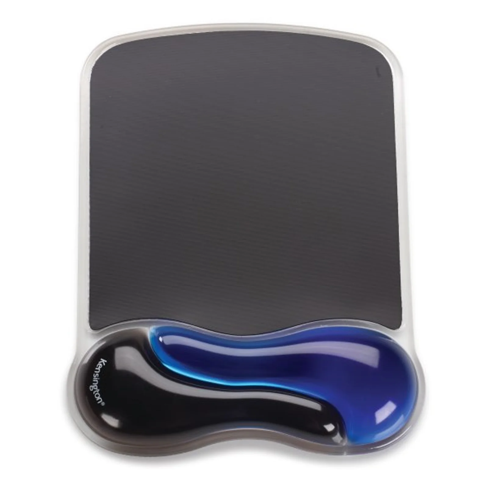 Vue de face du tapis de souris Kensington Duo Gel, surface textile noire et repose-poignet gel bicolore noir et bleu, sans souris