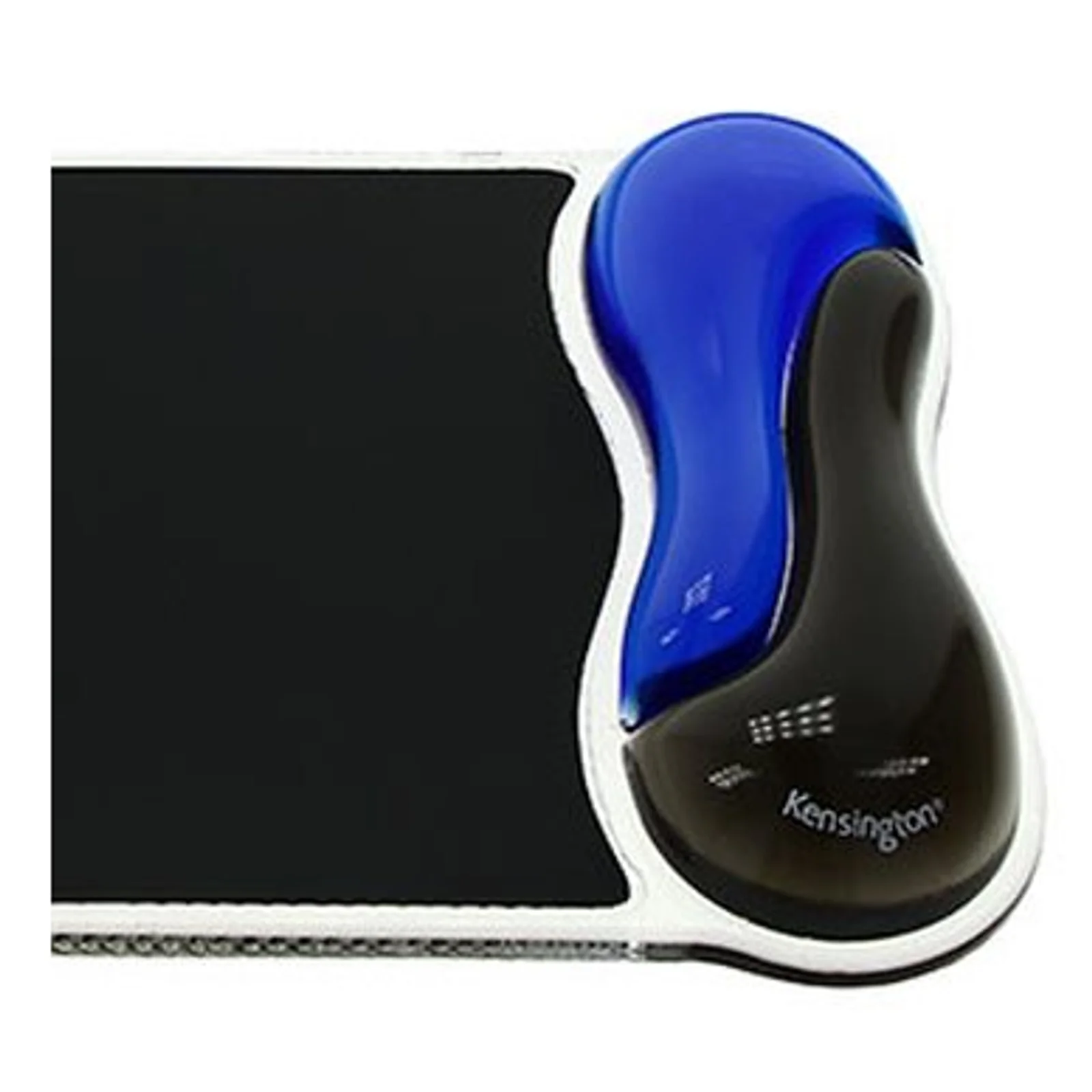 Repose-poignet en gel Kensington Duo Gel détaché, forme ergonomique bicolore noir et bleu, visible à côté de la surface du tapis