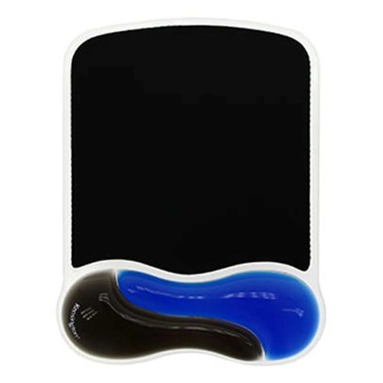 Vue de dessus du tapis de souris Kensington Duo Gel, surface textile noire et repose-poignet gel bicolore noir et bleu
