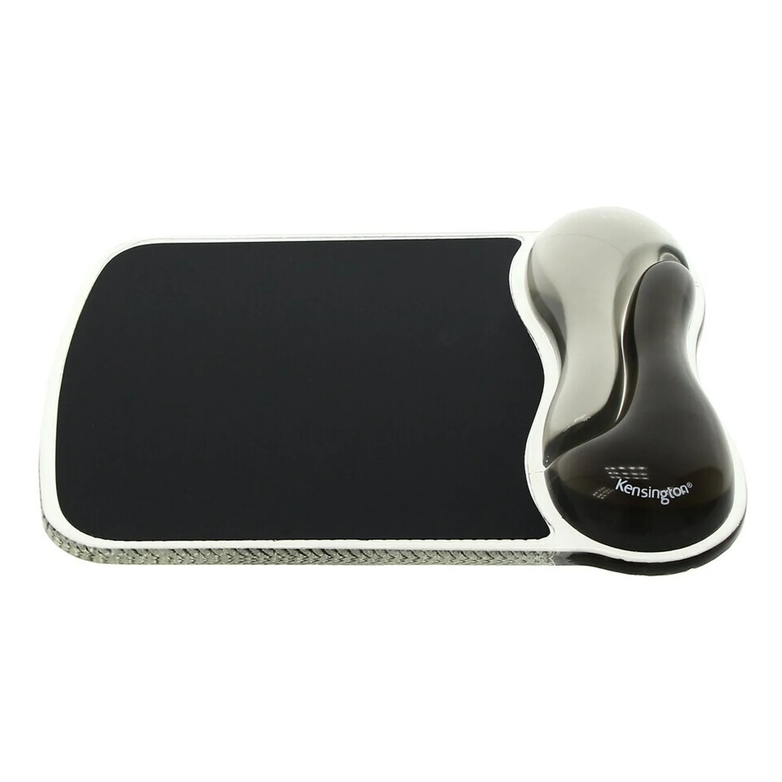 Tapis Kensington Duo Gel Wave, vue de côté avec logo Kensington, ensemble noir et repose-poignet gel gris arrondi