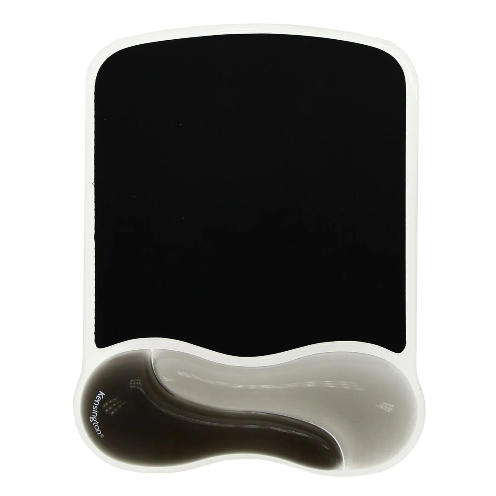 Tapis Kensington Duo Gel Wave, vue de face sur fond blanc, surface noire et repose-poignet gel gris fumé bicolore