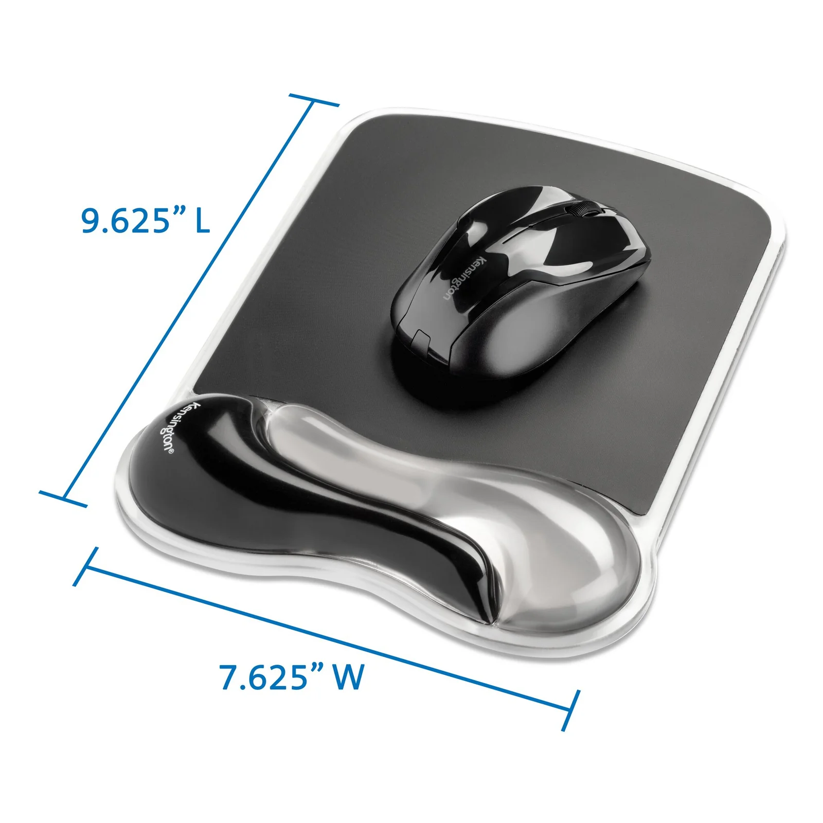 Tapis Kensington Duo Gel Wave, vue de dessus avec dimensions 9,625 x 7,625 pouces indiquées, souris posée sur surface gris