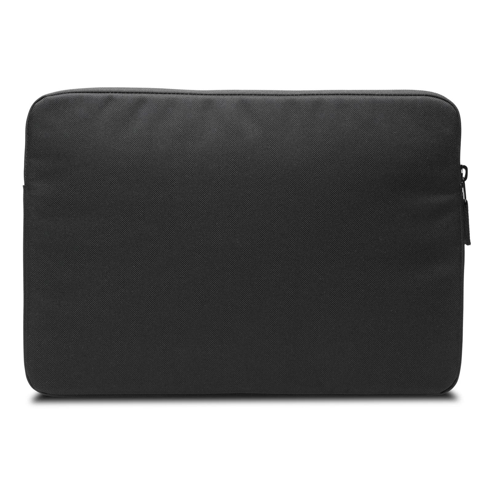 Housse noire fermée, vue de dos, surface polyester lisse sur fond blanc
