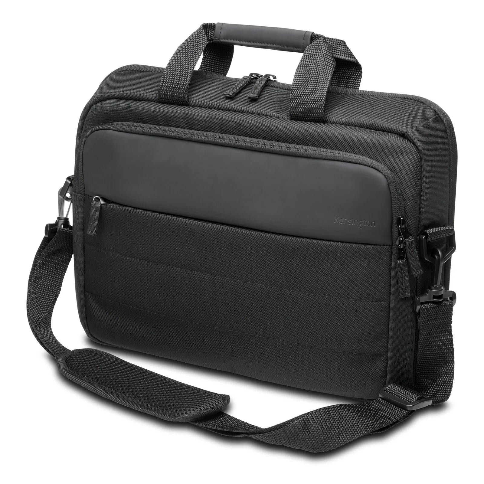 Sacoche Kensington EQ noire avec bandoulière réglable attachée, vue de face sur fond blanc
