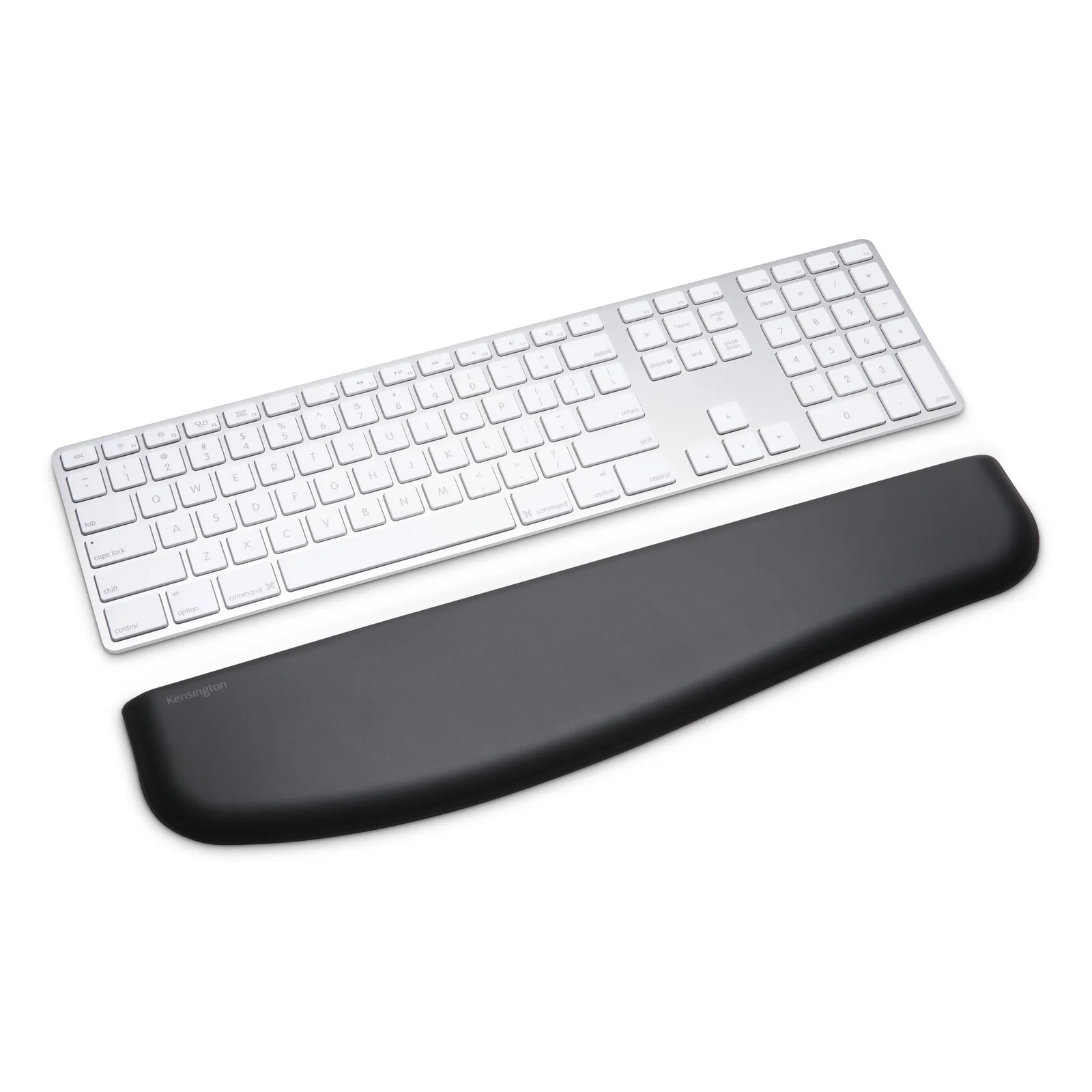 Repose-poignets ErgoSoft noir associé à un clavier slim blanc type low-profile, vue de dessus