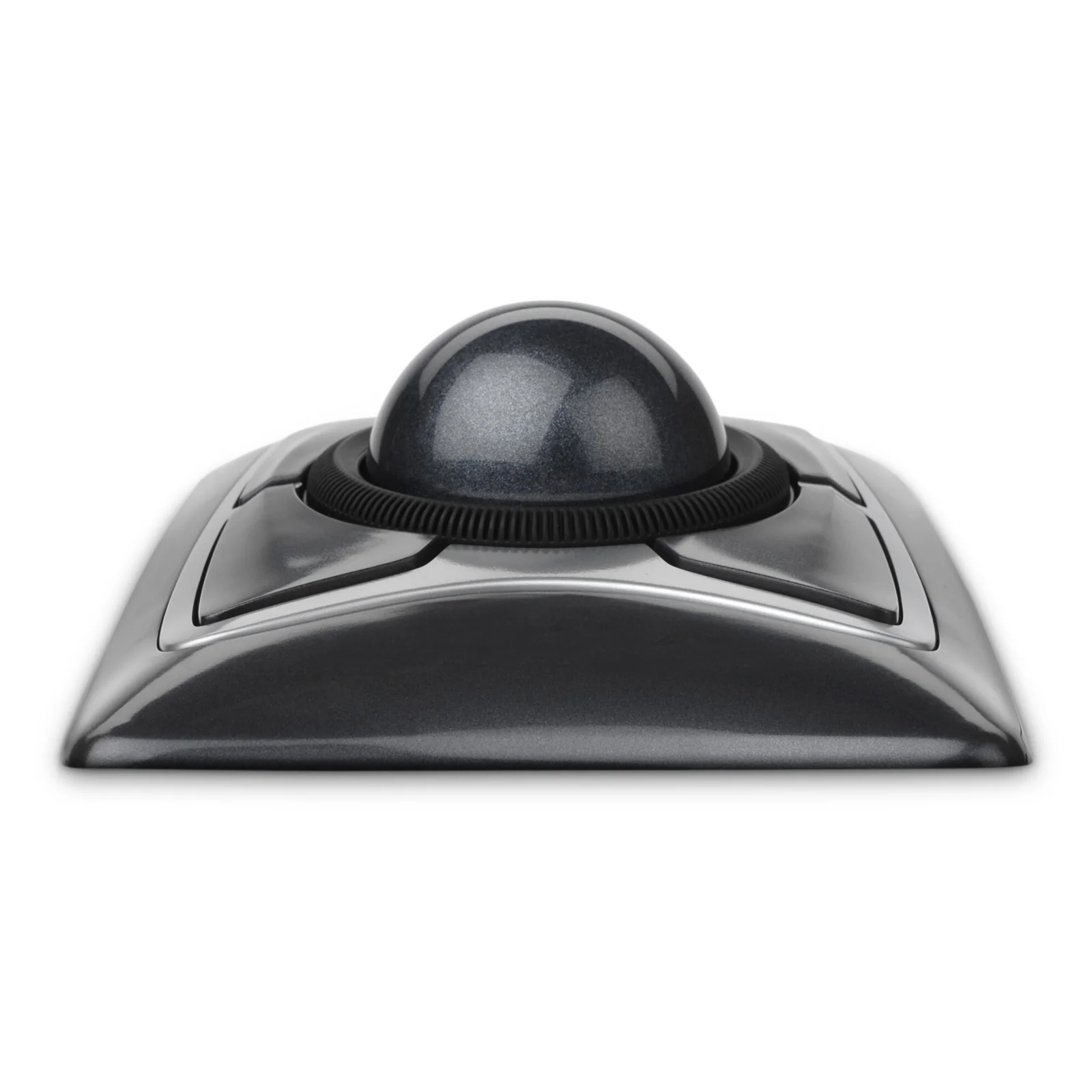 Trackball Kensington Expert Mouse, vue de profil bas, boule noire en relief sur socle gris