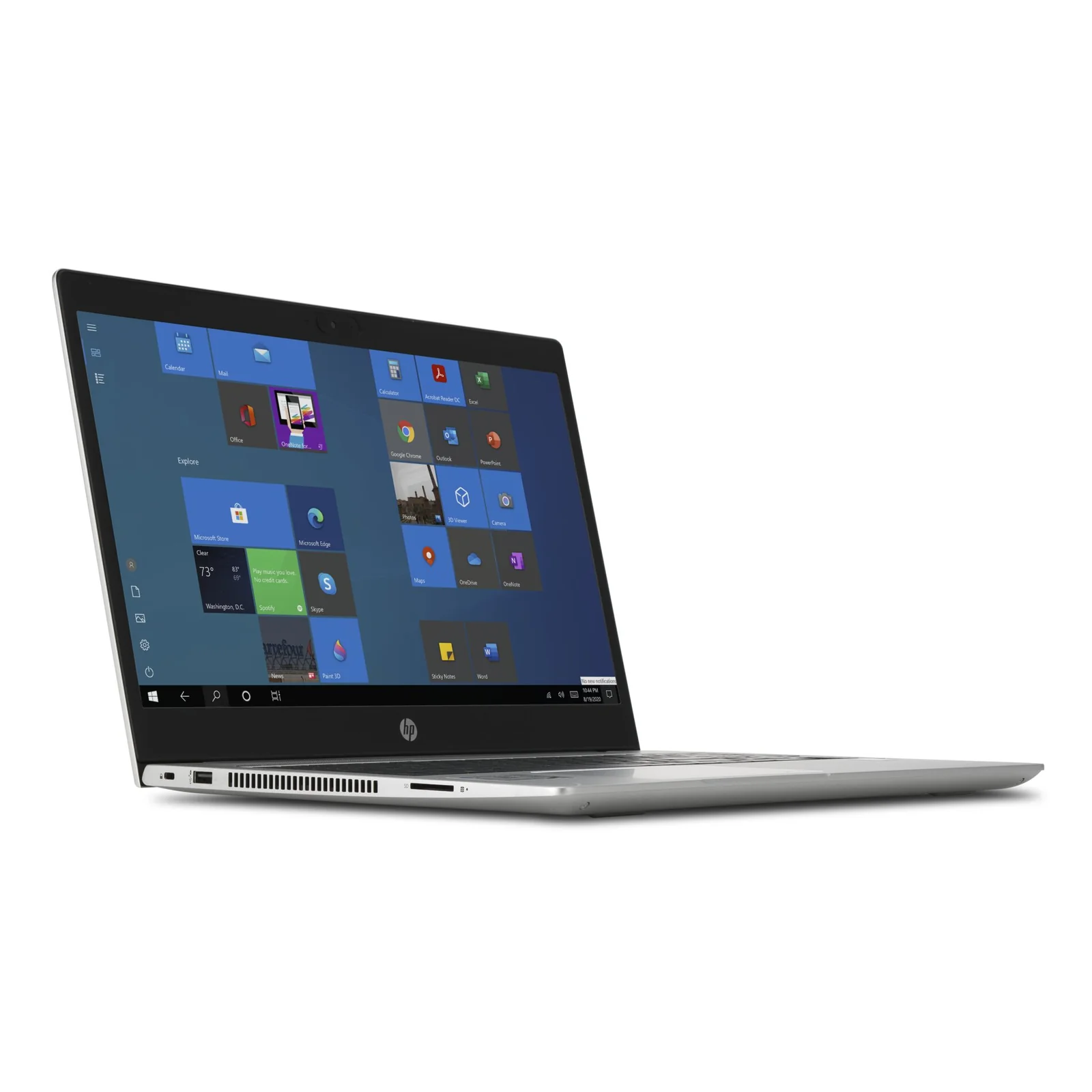 Ordinateur portable HP convertible vu de trois quarts, écran affichant un bureau Windows