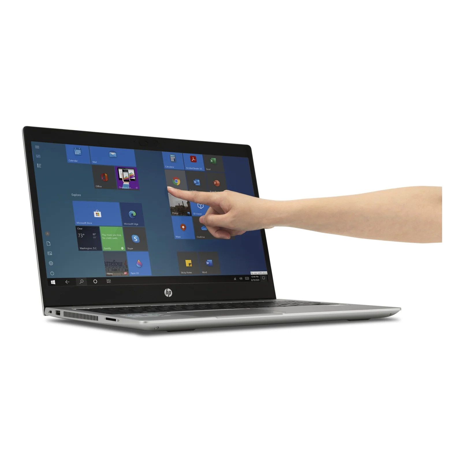 Doigt appuyant sur l'écran d'un ordinateur portable HP avec le filtre antireflet installé