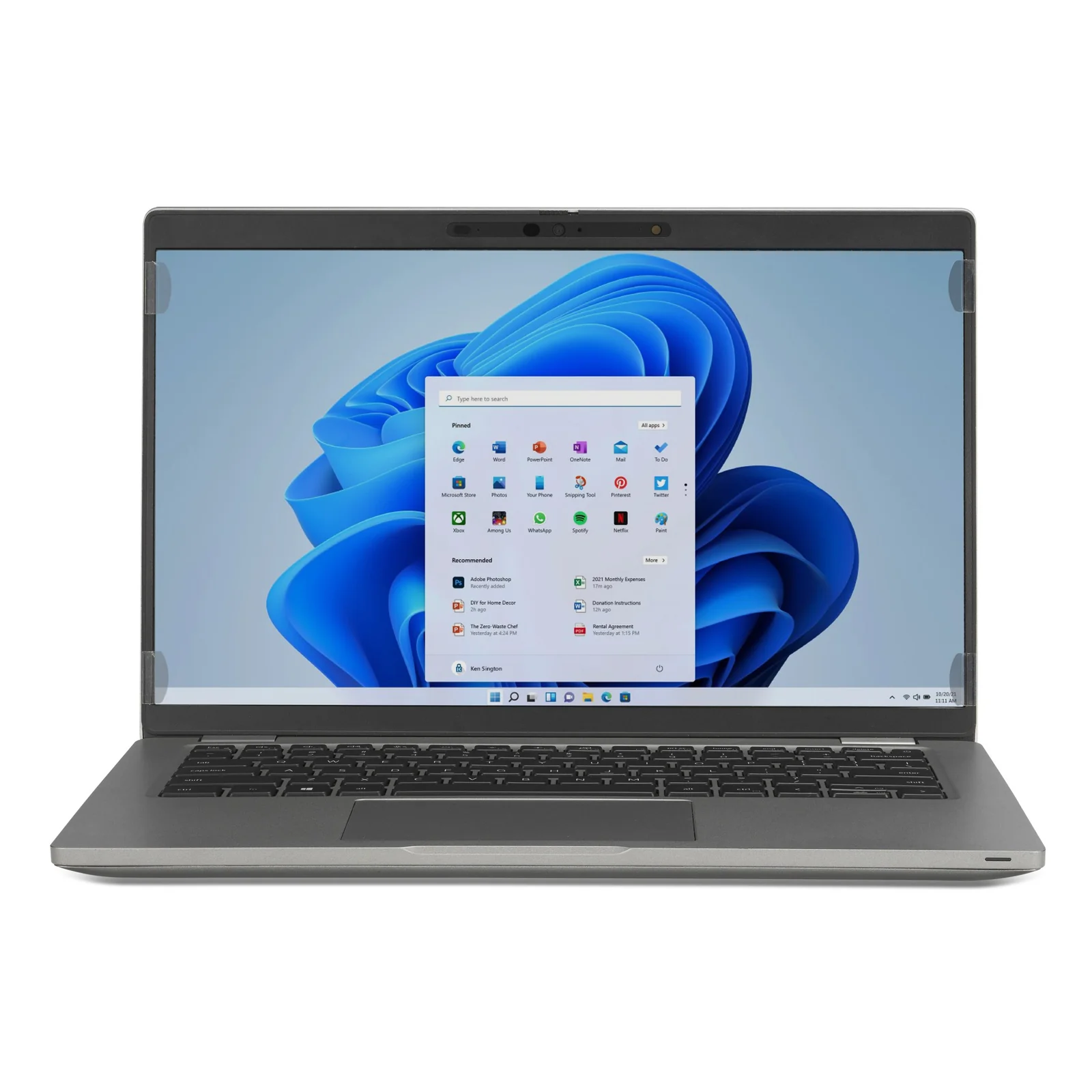 Ordinateur portable gris, vue frontale complète, écran Windows 11