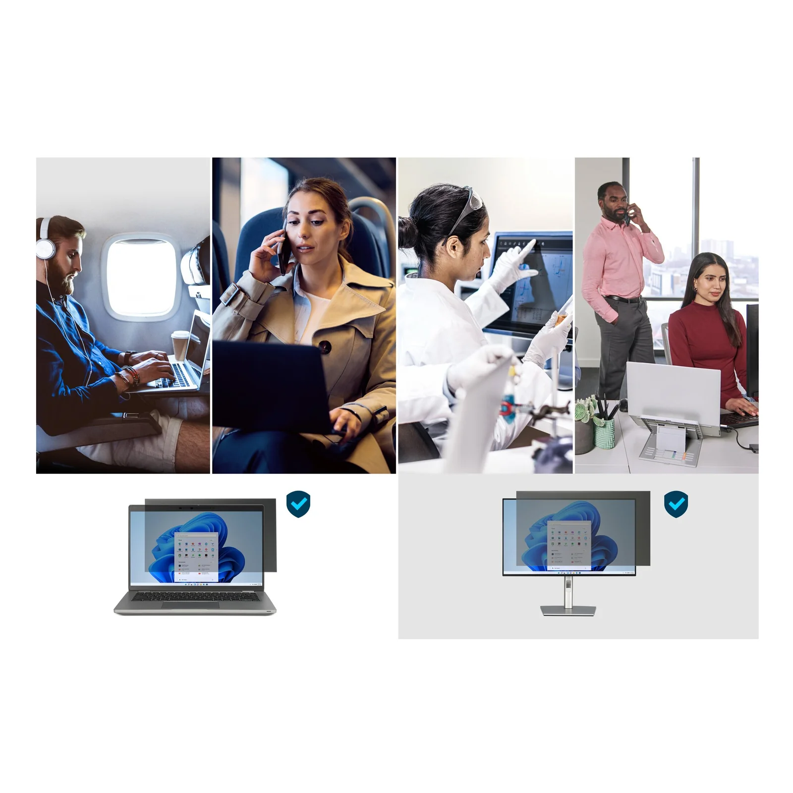 Montage trois situations d'usage du filtre Kensington, en avion, en open space et en réunion