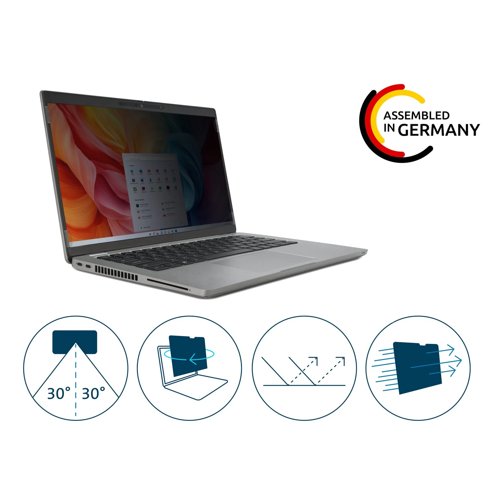Dos du produit avec logo Assembled in Germany, pictogrammes angle de vision 30 degrés et protection antireflet