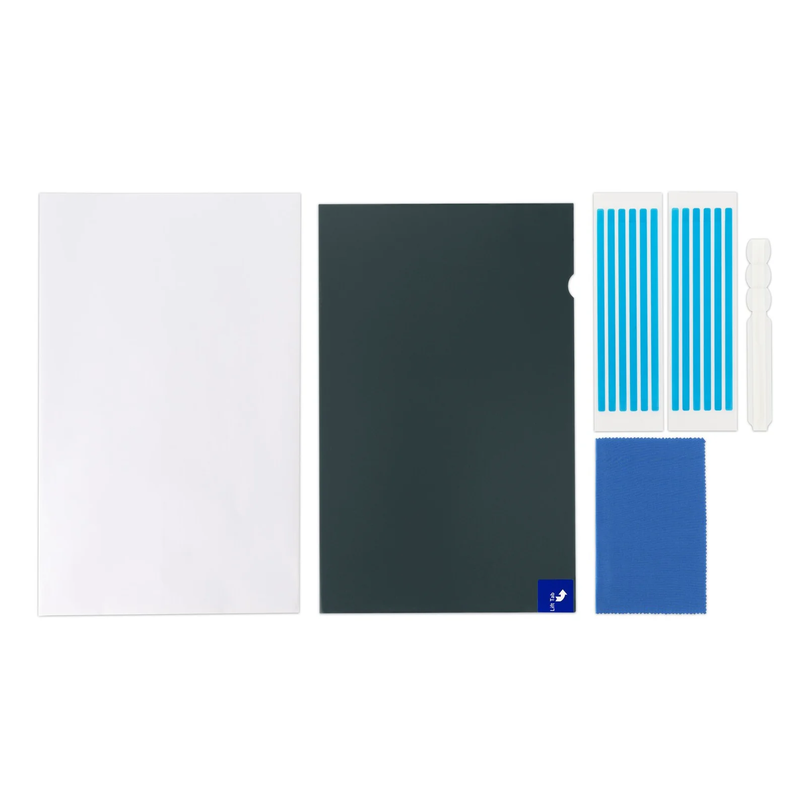 Contenu du coffret Kensington sur fond blanc, filtre, bande adhésive double face, languettes et notice