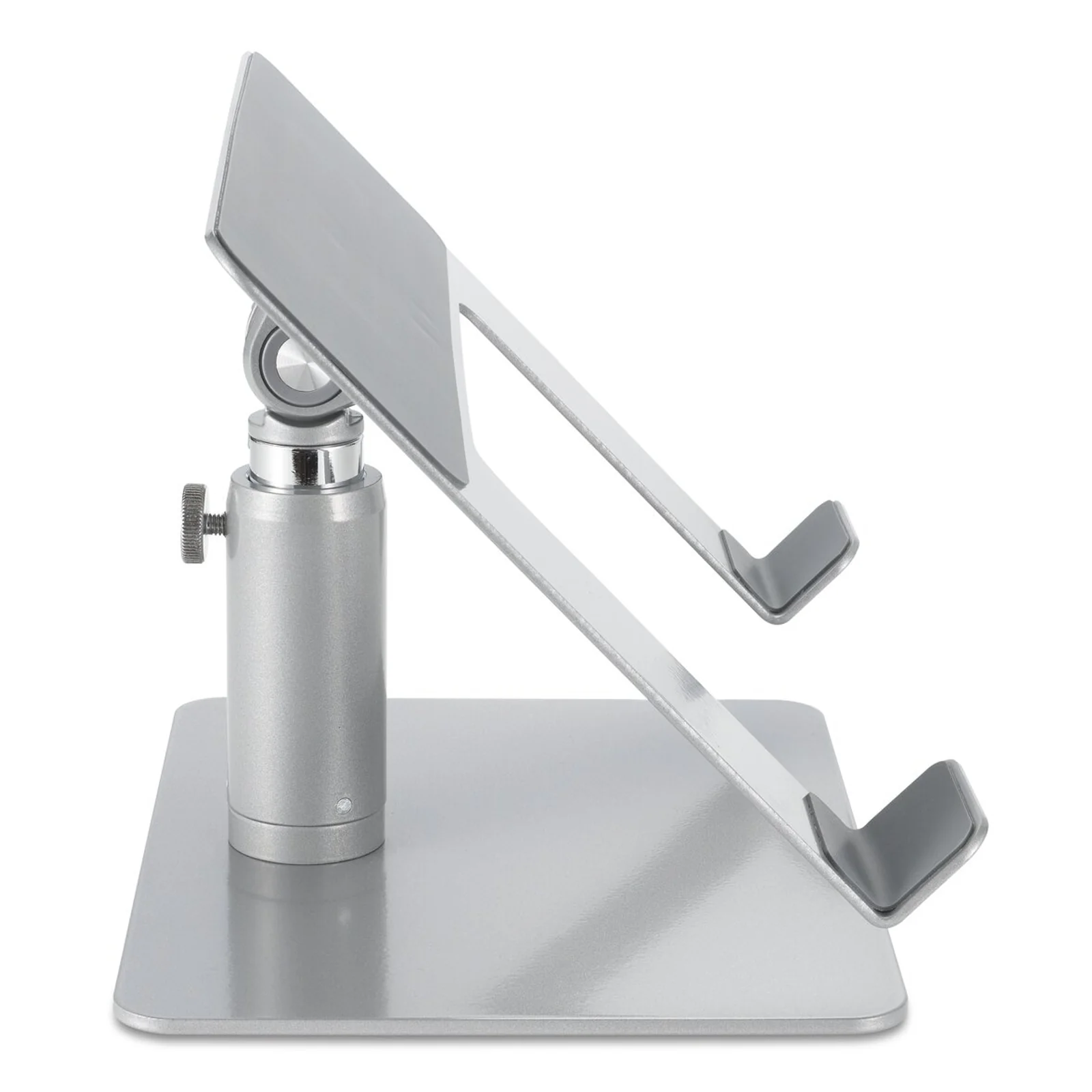 Vue de profil du rehausseur seul, colonne articulée, base carrée argentée