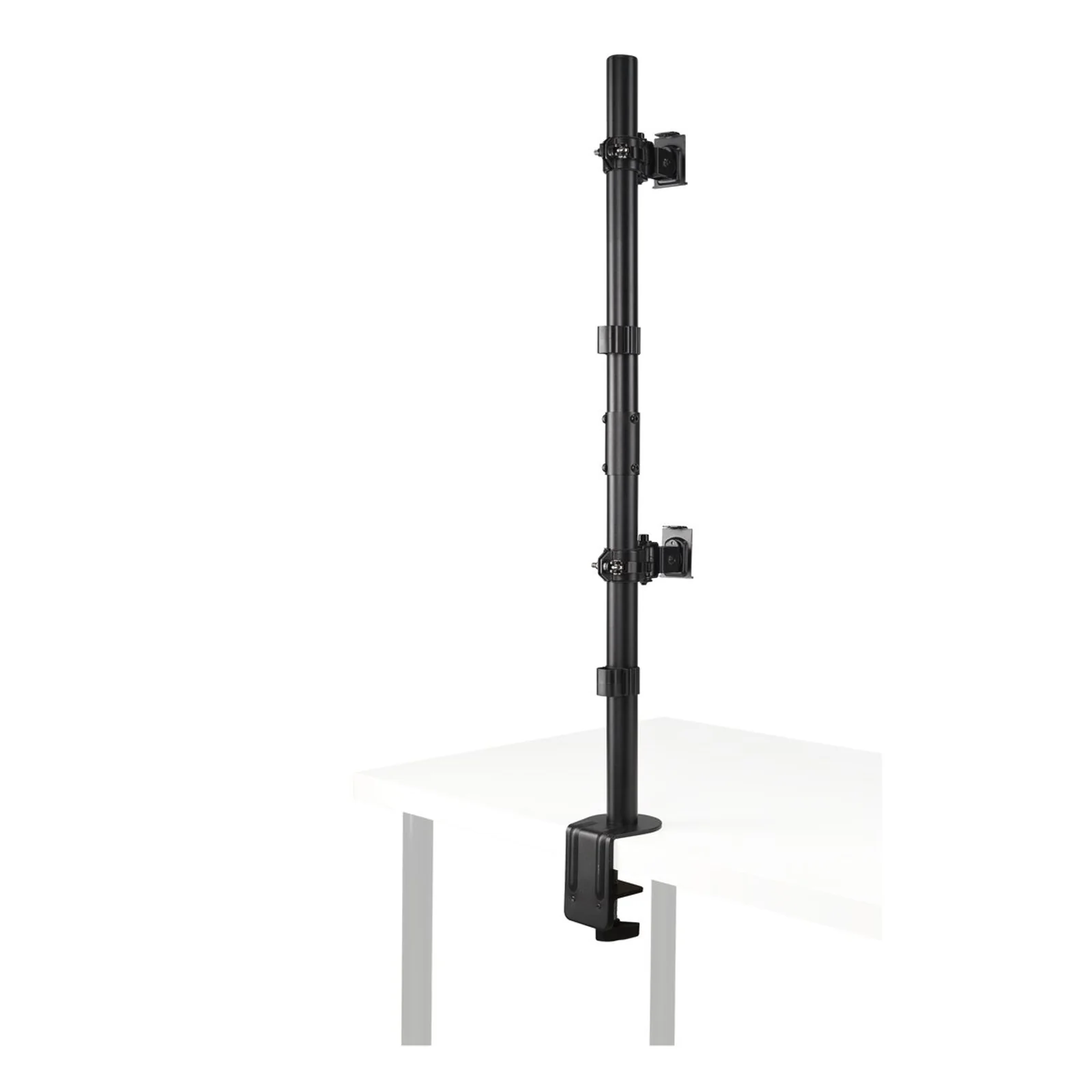 Bras double écran Kensington, vue de profil sur bureau blanc, colonne noire et serre-joint visible