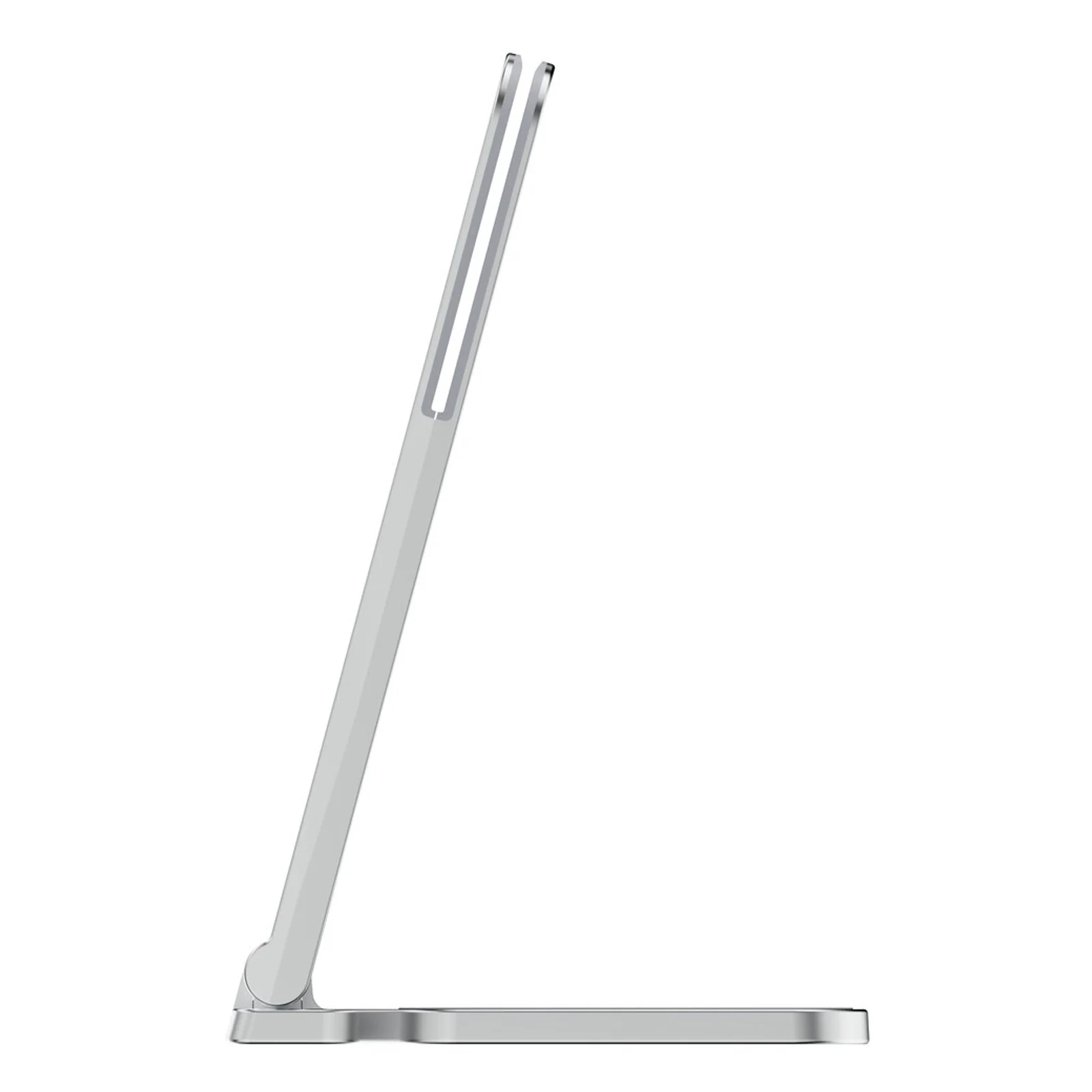Profil latéral stand replié, structure fine et légère en aluminium argenté