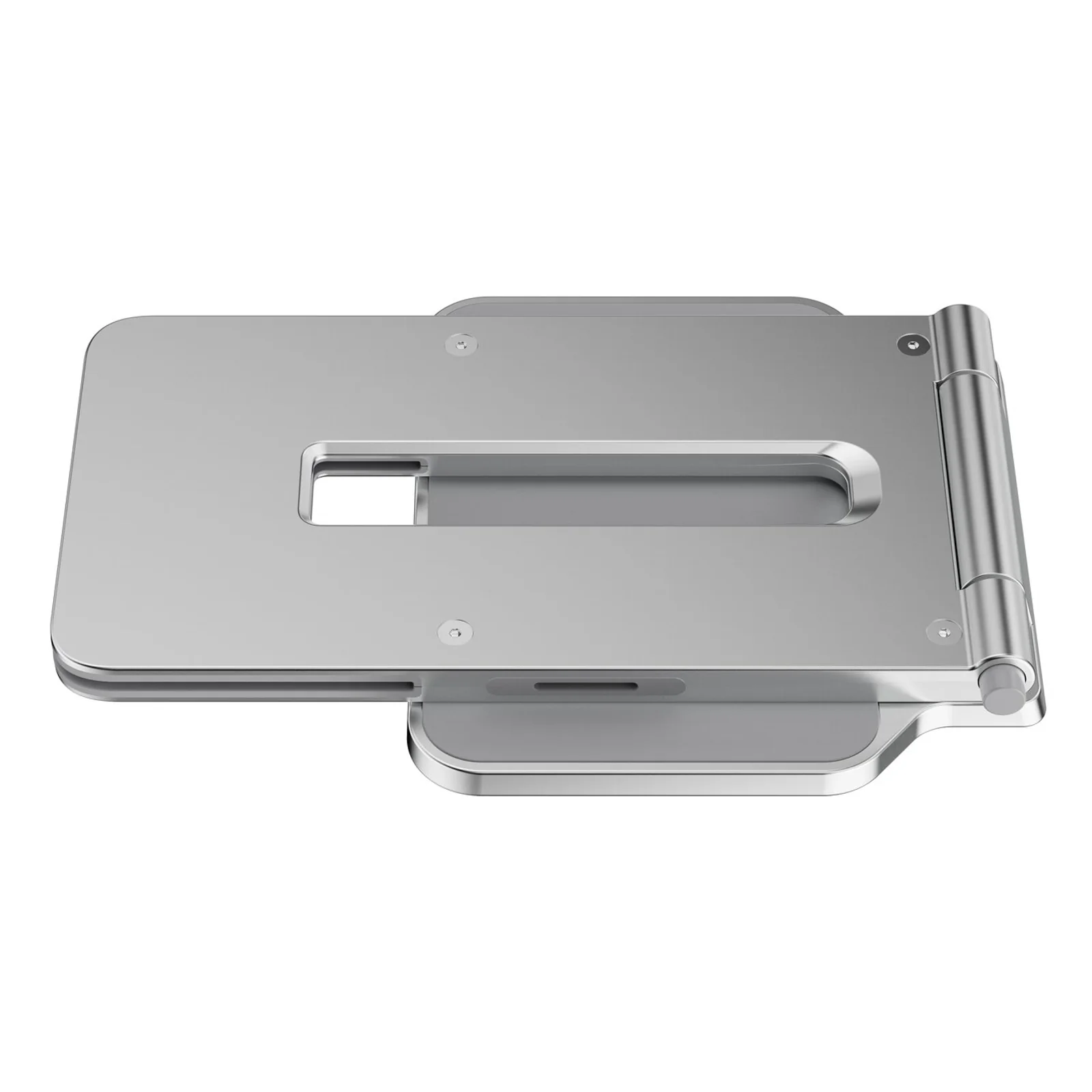 Vue du dessus stand replié, fente centrale et base large en aluminium