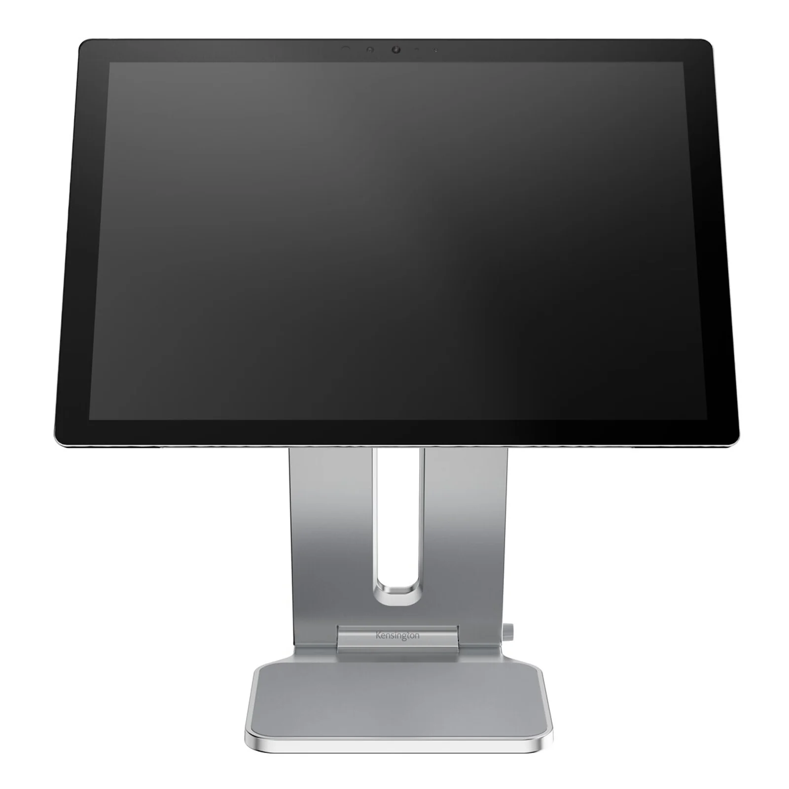 Vue frontale stand aluminium supportant une tablette Surface, socle stable centré