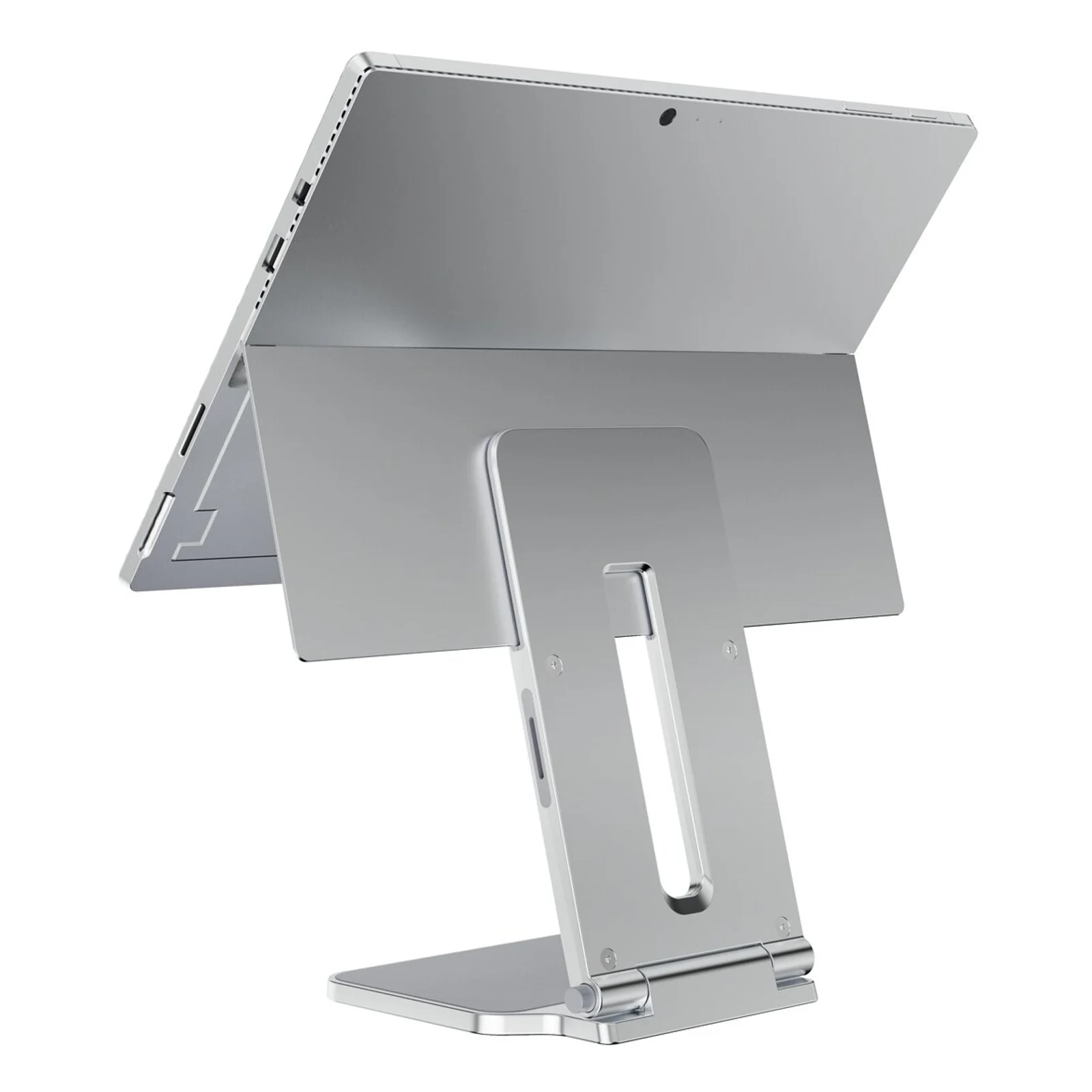 Stand tenant une Surface Pro vu de dos droit, structure aluminium argentée articulée