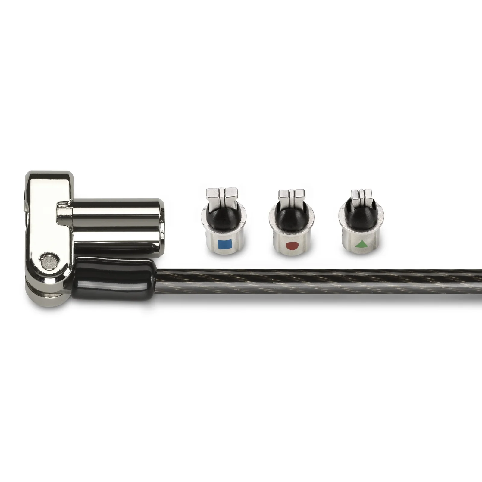 Vue rapprochée des quatre embouts interchangeables du câble Kensington K62318WW pour encoches standard, nano et Wedge