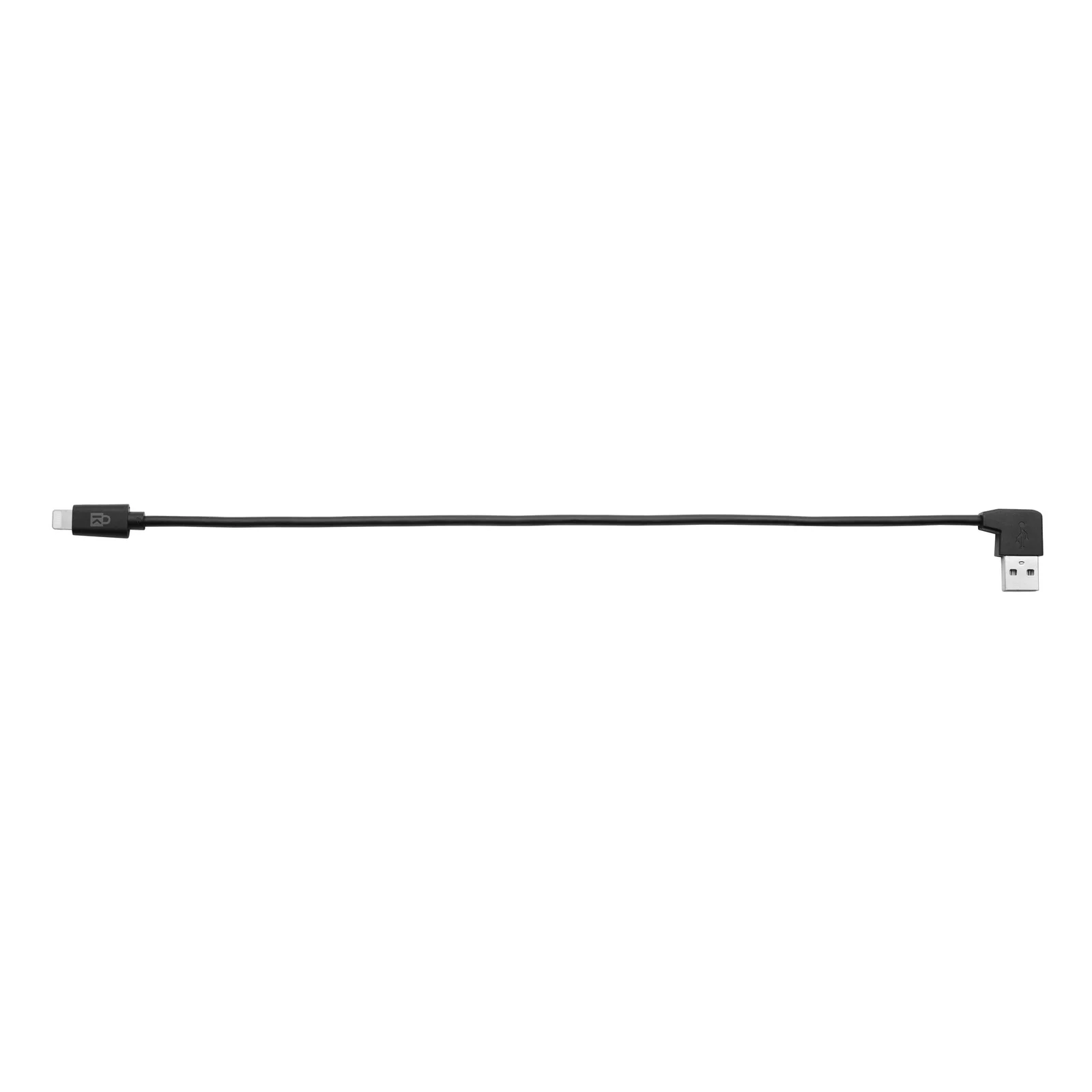 Câble Lightning USB-A noir coudé à 90°, connecteur Lightning à droite, fond blanc