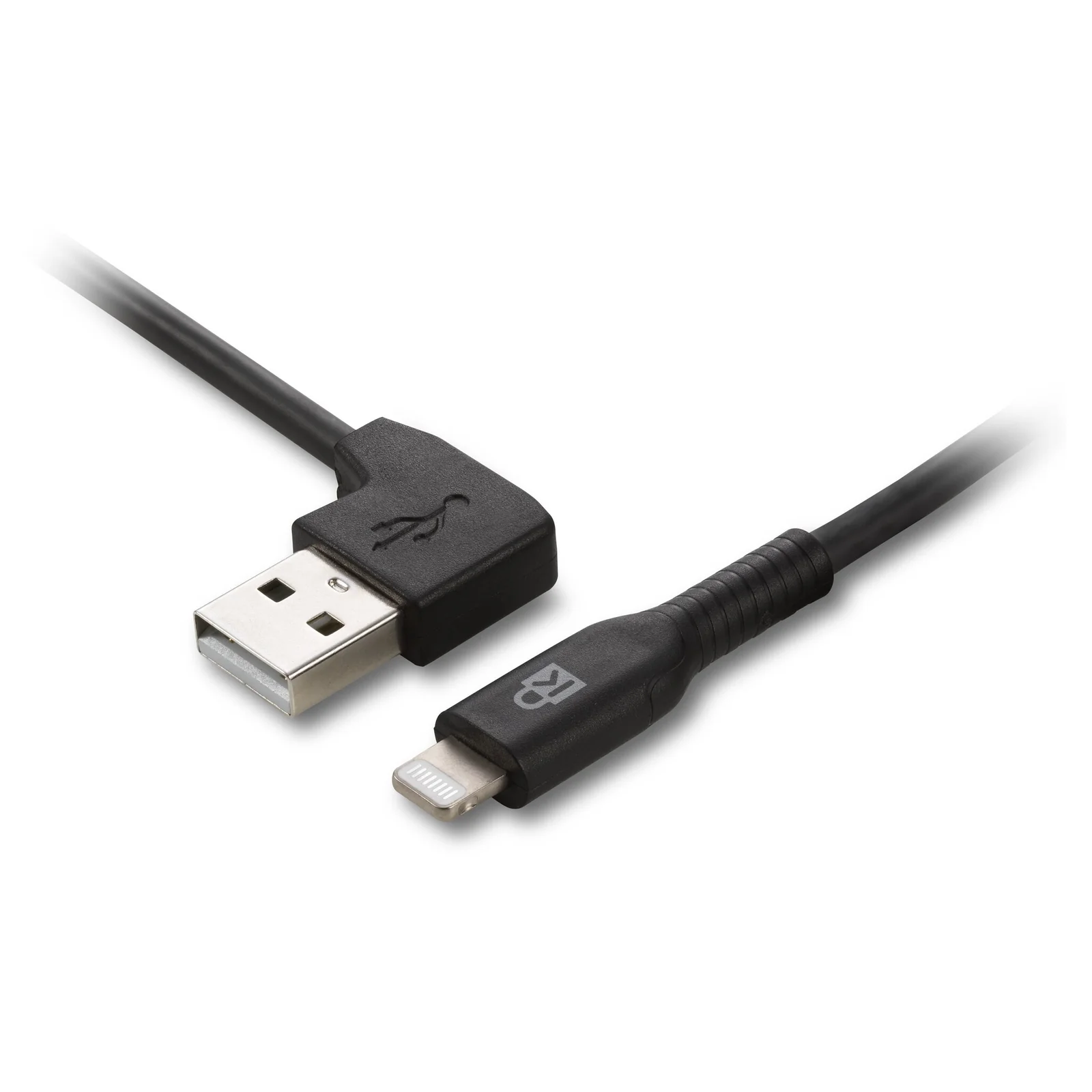 Câble Lightning USB-A noir sur fond blanc, connecteur USB-A coudé visible en haut