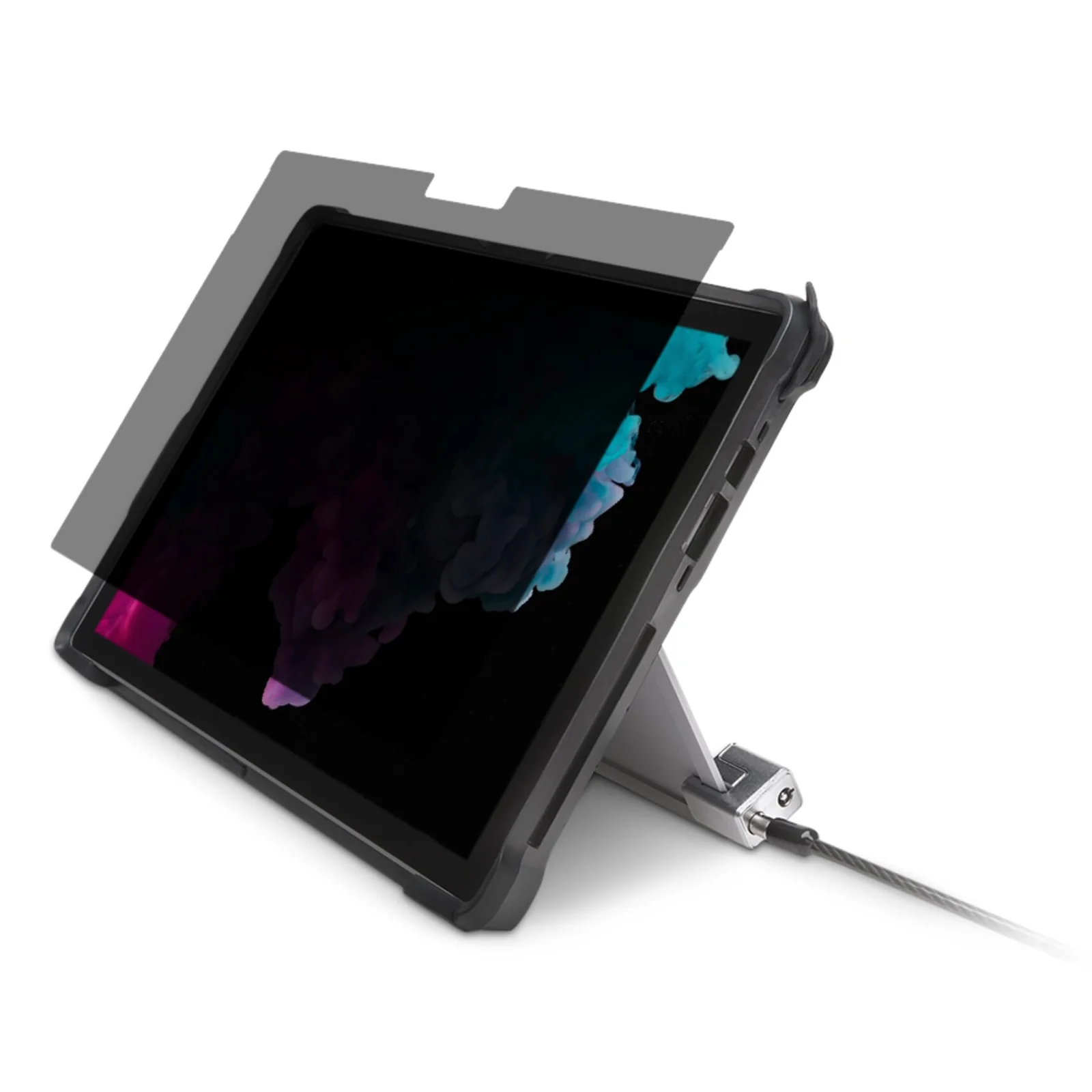 Surface Pro 6 équipée d'un filtre de confidentialité et d'un câble de sécurité Kensington