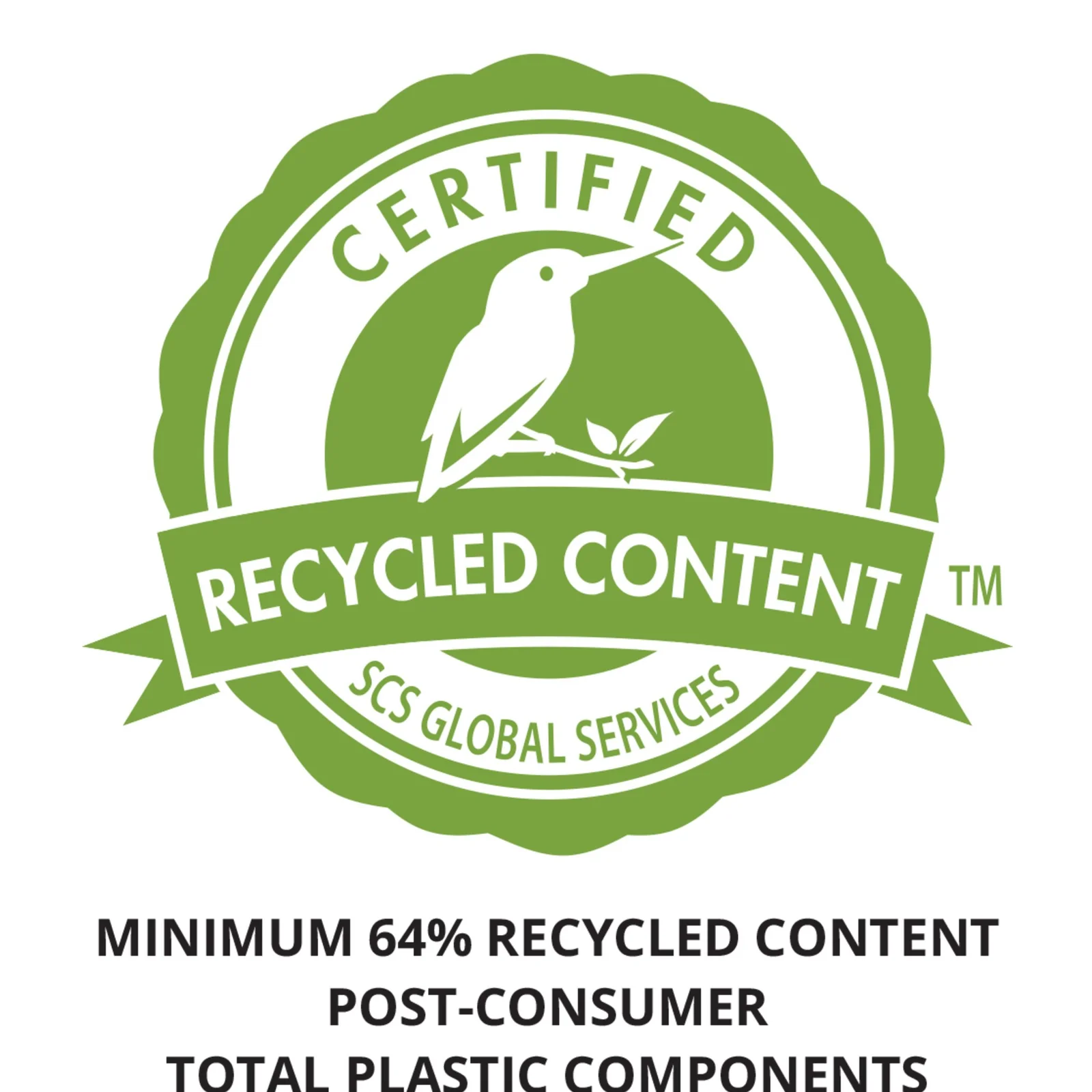 Badge de certification SCS Global Services, 64 % minimum de contenu recyclé post-consommation