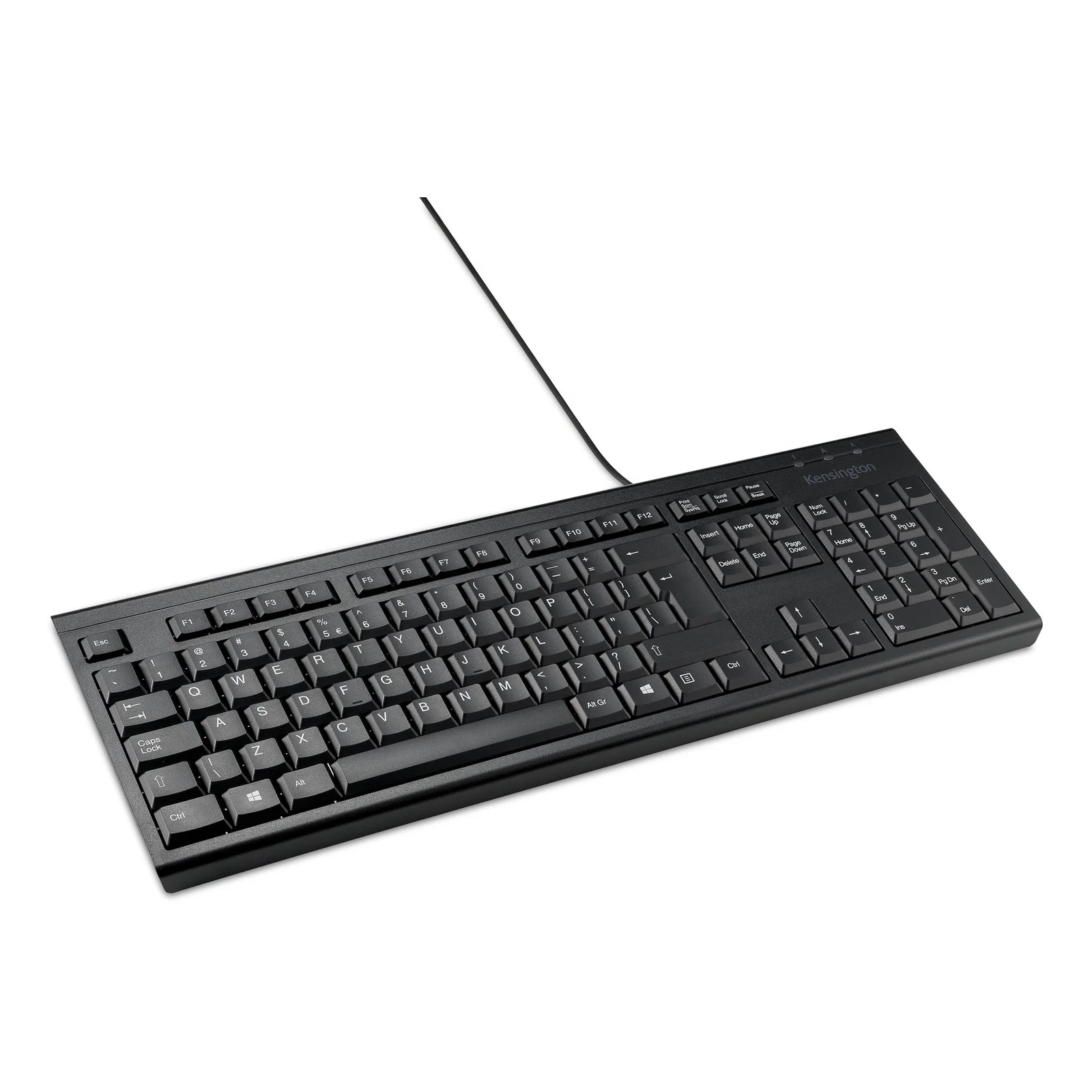 Kensington KB100 EQ, vue de trois quarts, clavier filaire noir, profil slim