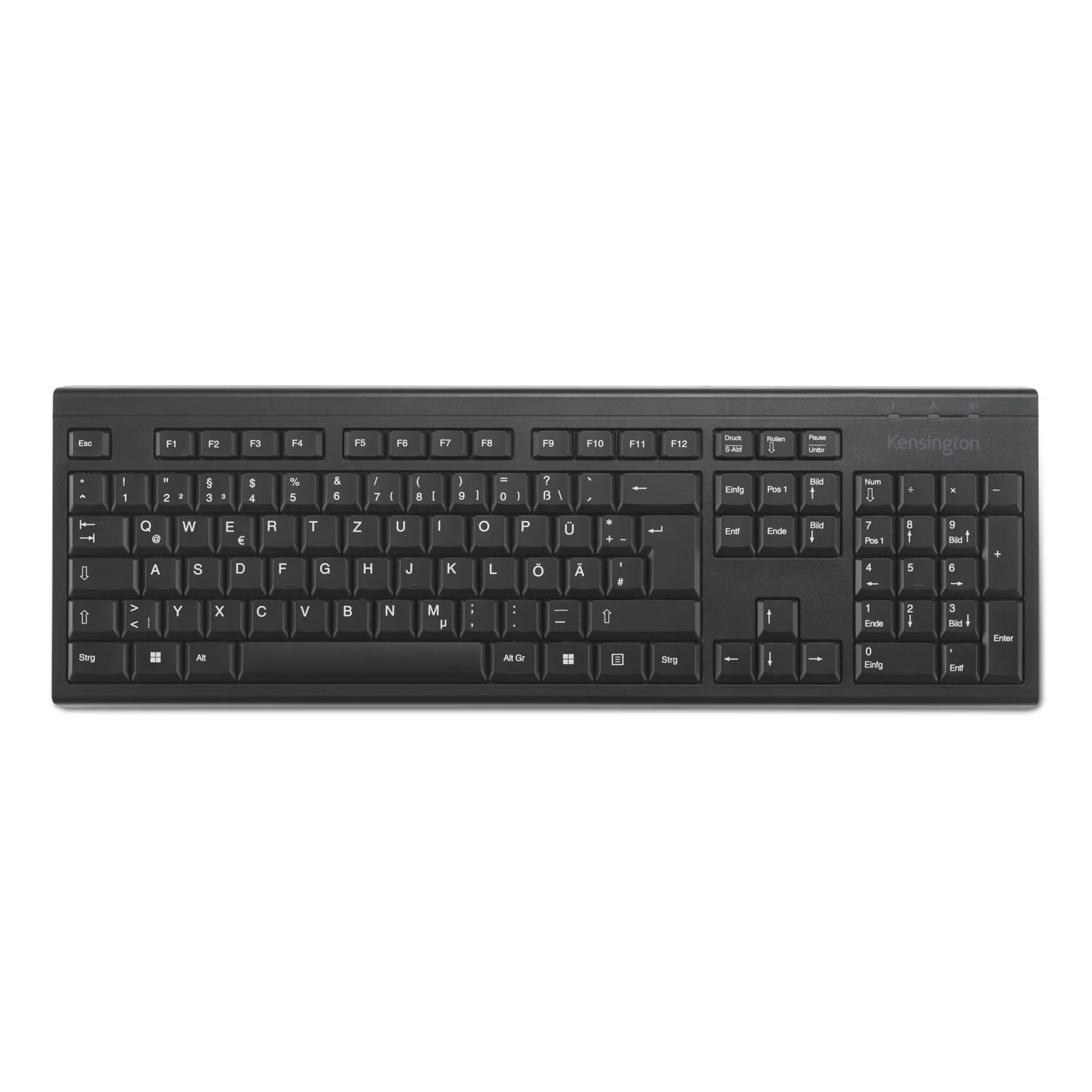 Clavier Kensington KB150 EQ, vue du dessus légèrement inclinée, touches noires sur fond blanc