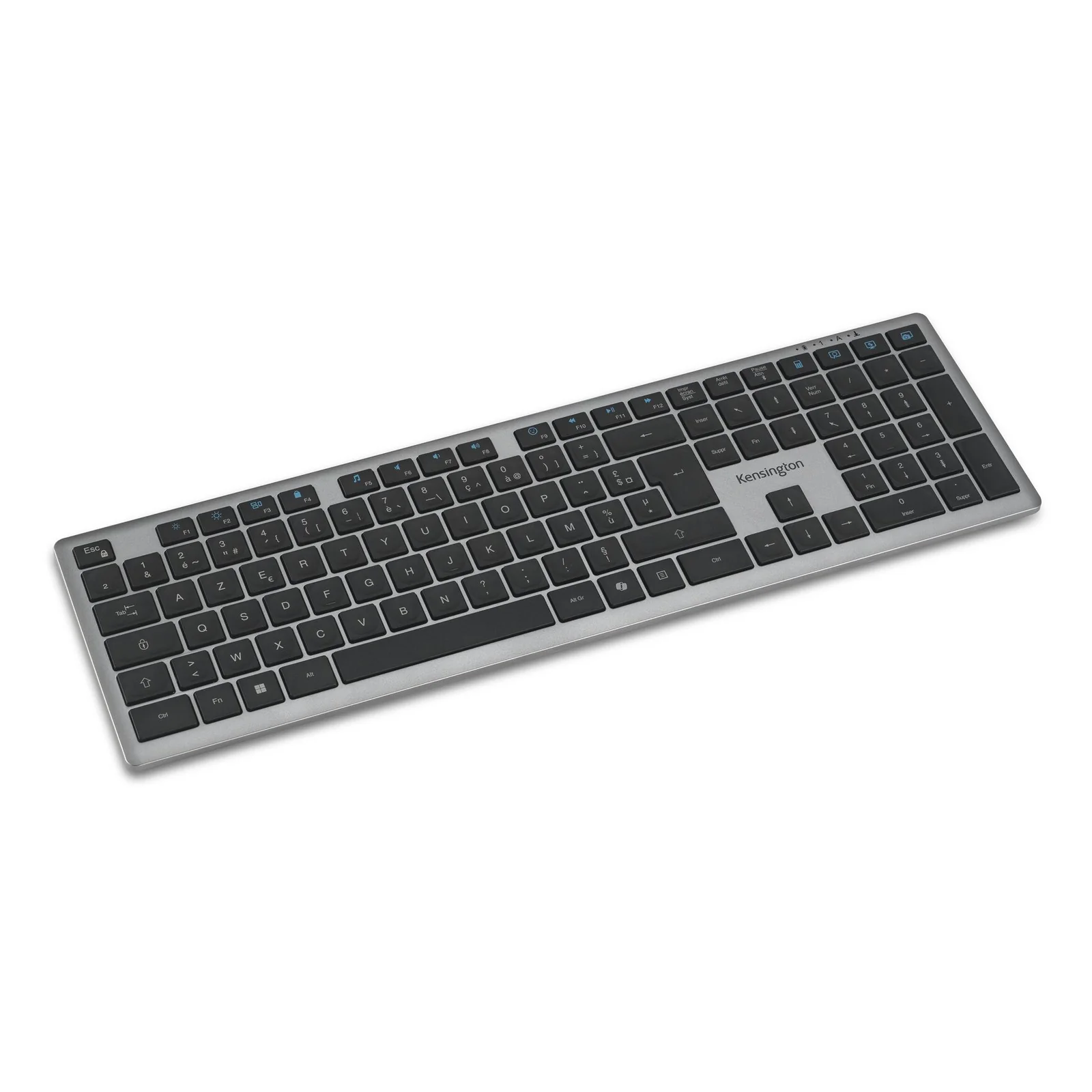 KB535 EQ vue trois quarts avant, châssis gris anthracite et touches noires, bordure argentée visible