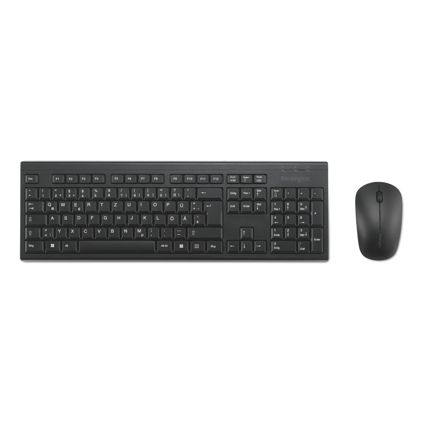 Kensington KM150 EQ, vue de face du kit clavier pleine taille et souris noirs sur fond blanc