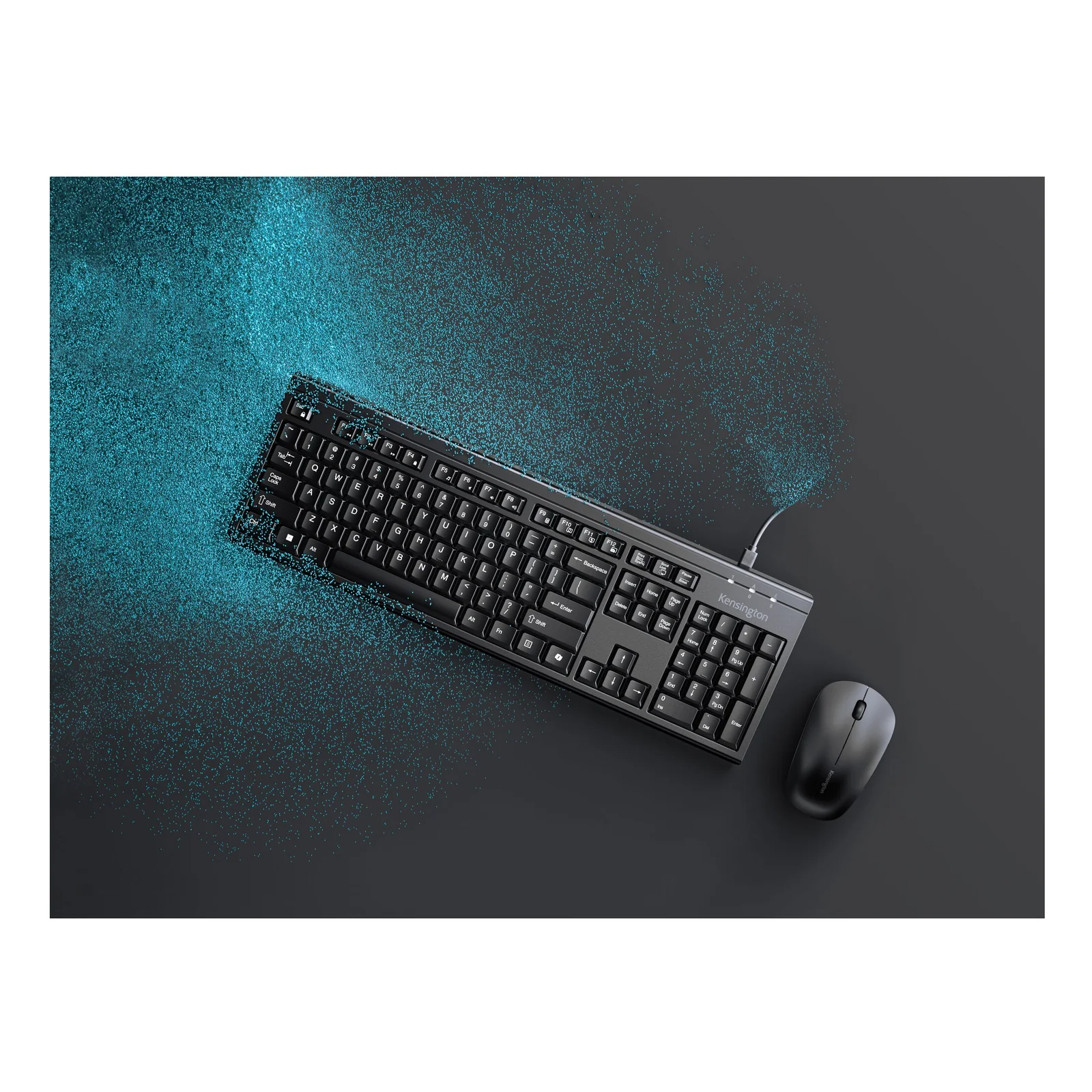 Kit clavier et souris KM270 EQ noirs avec nuage de particules bleues, fond sombre