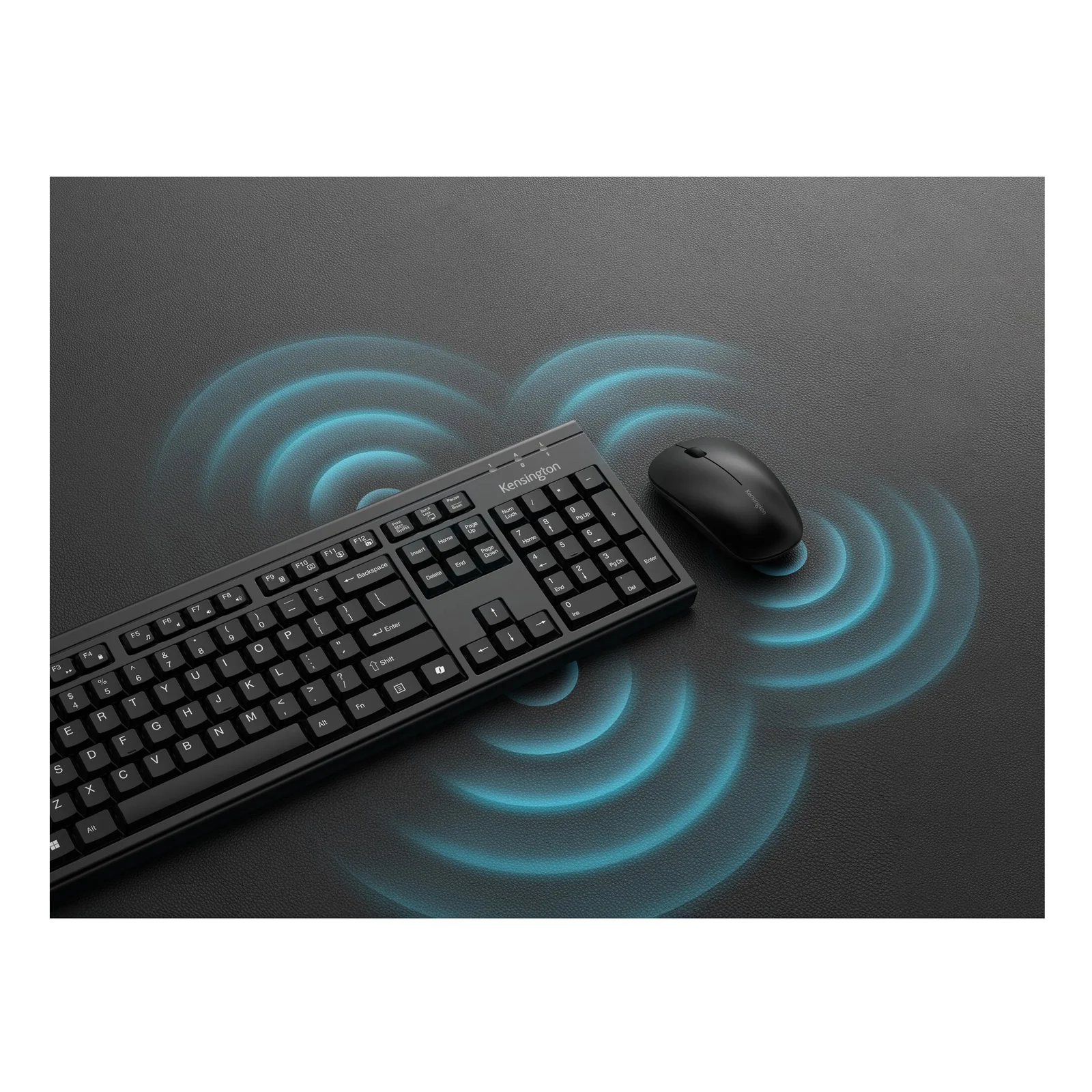 Clavier et souris KM270 EQ avec ondes de connexion sans fil illustrées en bleu, fond sombre