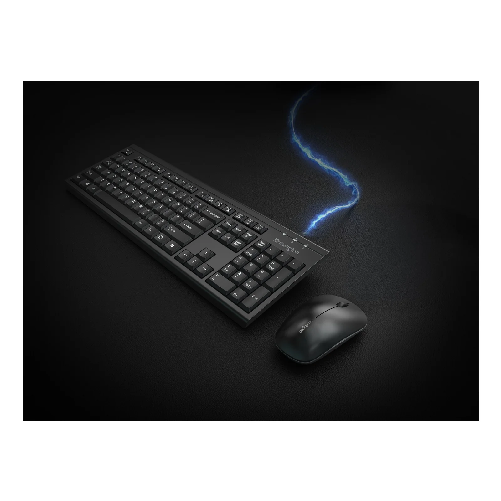 Kit clavier et souris Kensington KM270 EQ noirs avec câble lumineux bleu, fond sombre