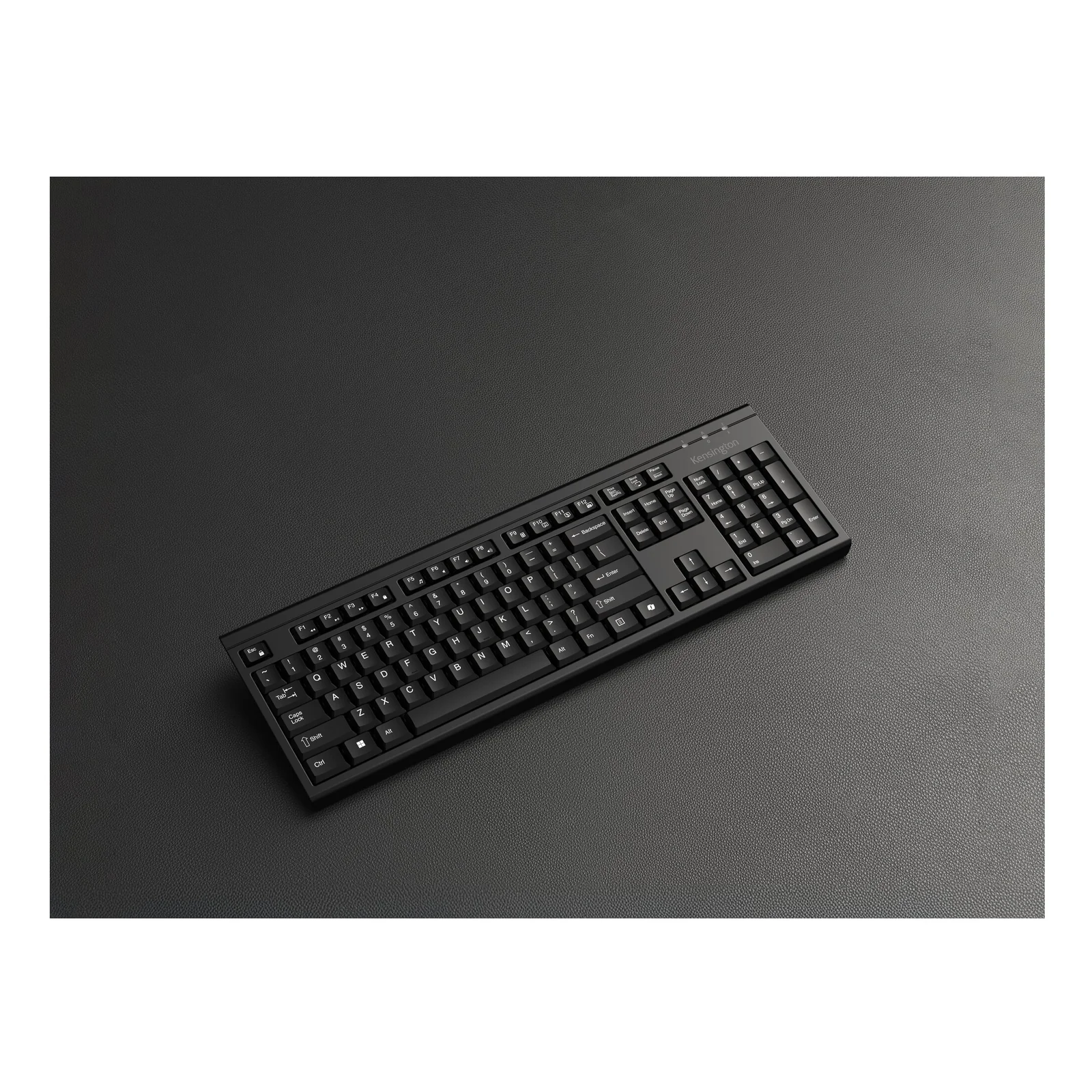 Vue en angle du clavier Kensington KM270 EQ noir taille réelle, fond gris sombre