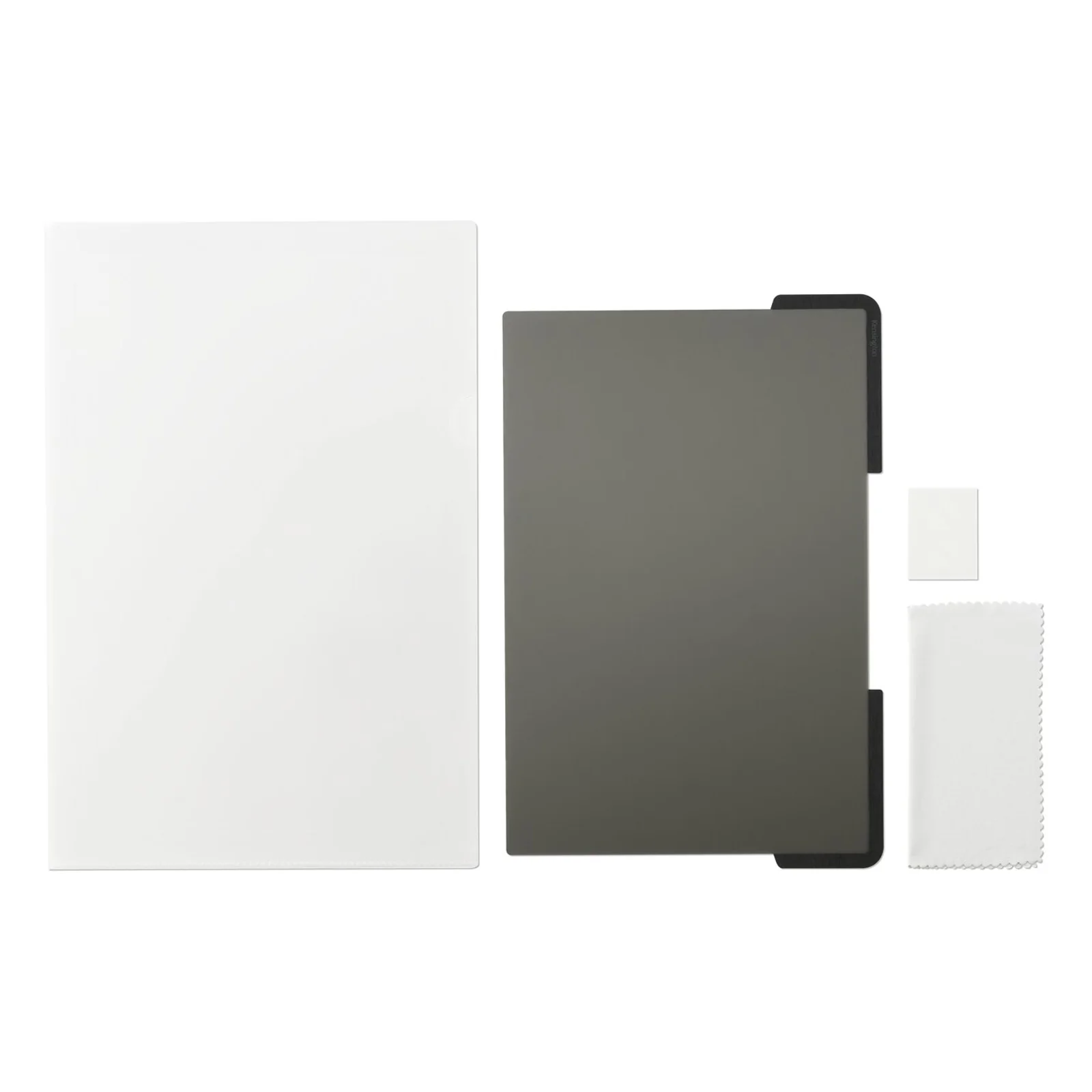 Contenu de la boîte MagPro Elite posé à plat, filtre sombre, chiffon blanc et accessoire