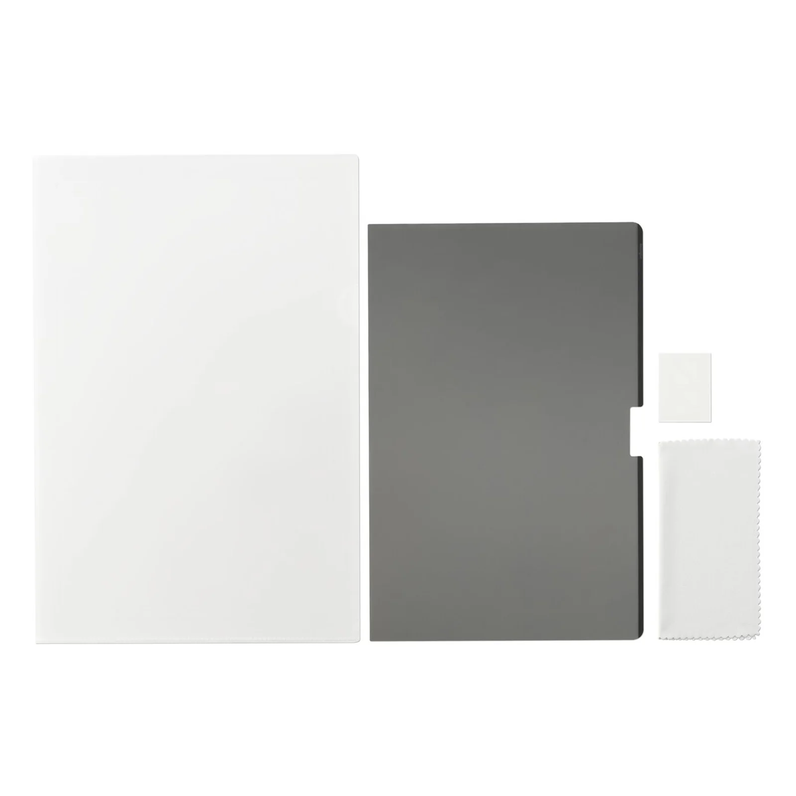 Contenu de la boîte filtre Kensington MagPro Elite, chiffon blanc, pochette grise et clip de rangement