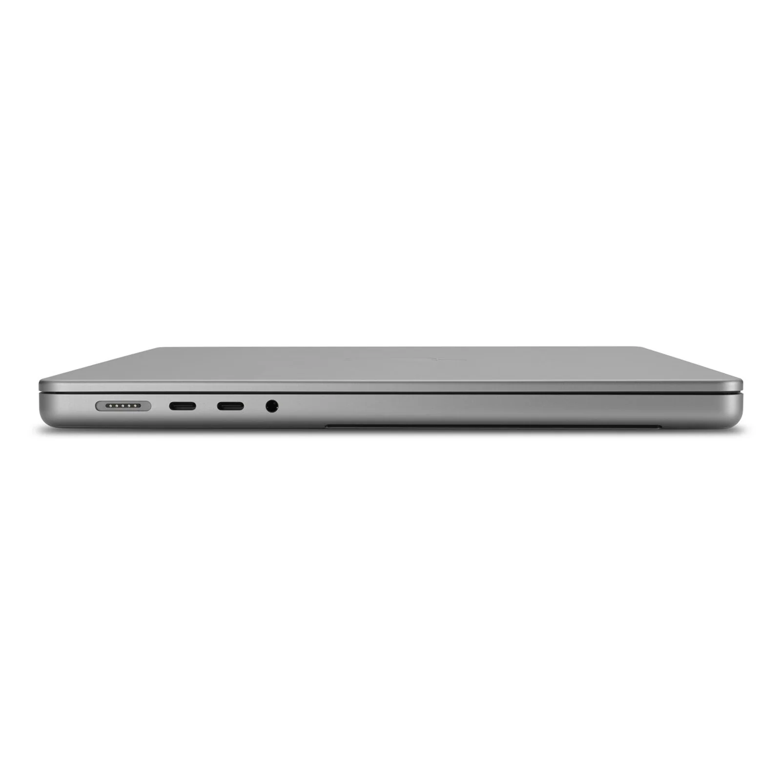 Profil latéral MacBook Pro gris argenté, tranche supérieure avec ports USB-C Thunderbolt visibles