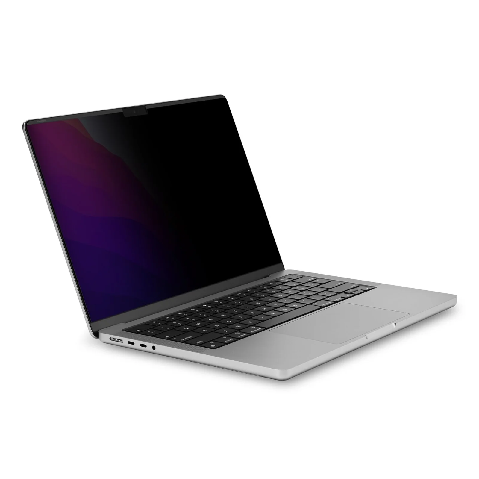 Filtre Kensington MagPro Elite sur MacBook Pro 16 pouces, vue trois quarts, écran avec teinte sombre violacée