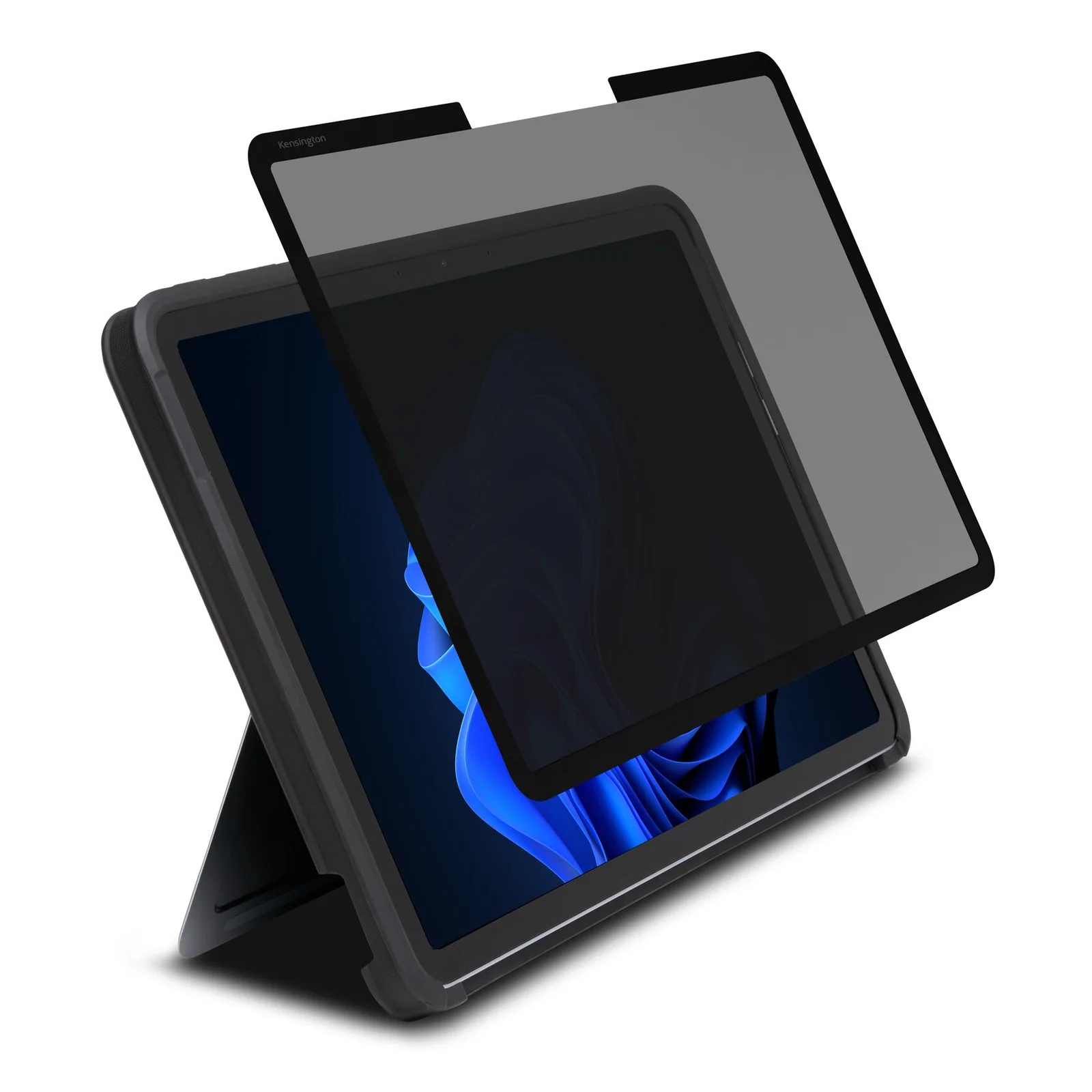 Filtre MagPro Elite installé sur tablette 12 pouces posée sur support intégré, vue de côté