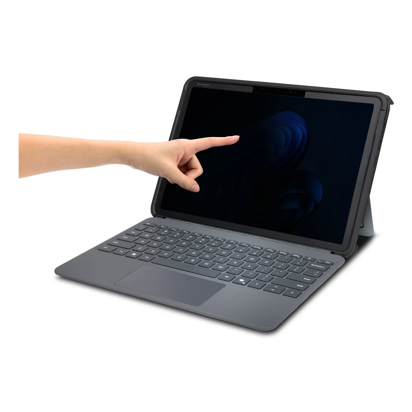 Doigt appuyant sur l'écran tactile du Surface Pro à travers le filtre de confidentialité installé