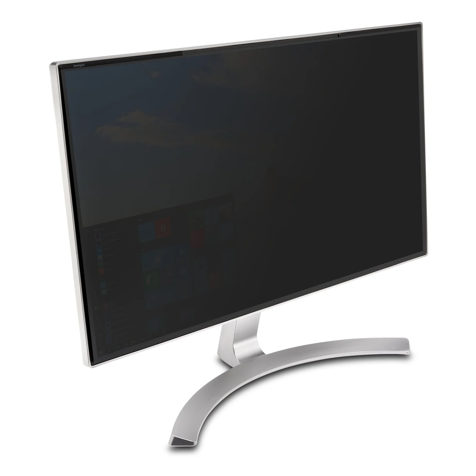 Filtre MagPro K58357WW sur moniteur 24 pouces, vue trois quarts, pied blanc