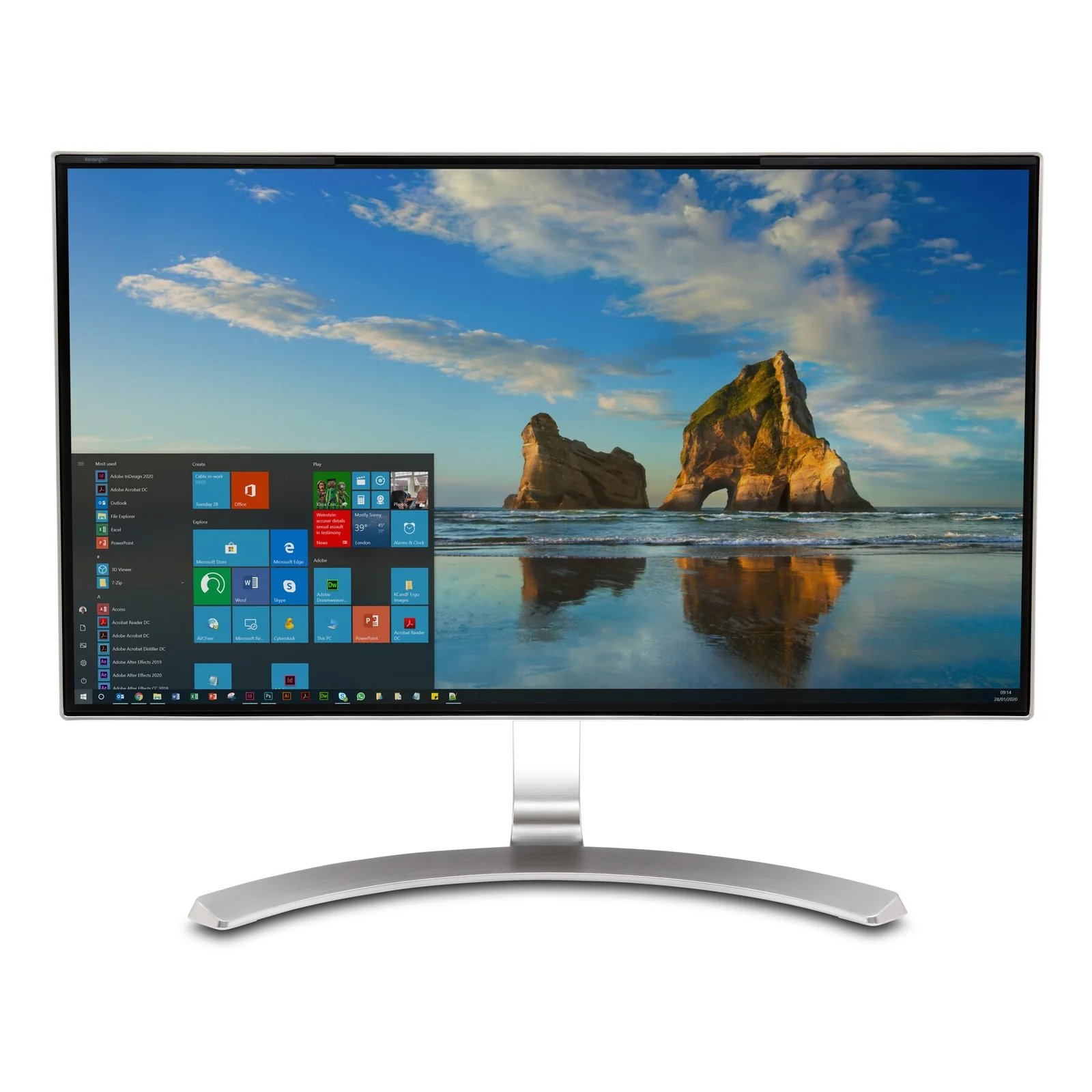 Moniteur blanc avec filtre MagPro Kensington, vue de face, fond d'écran paysage affiché