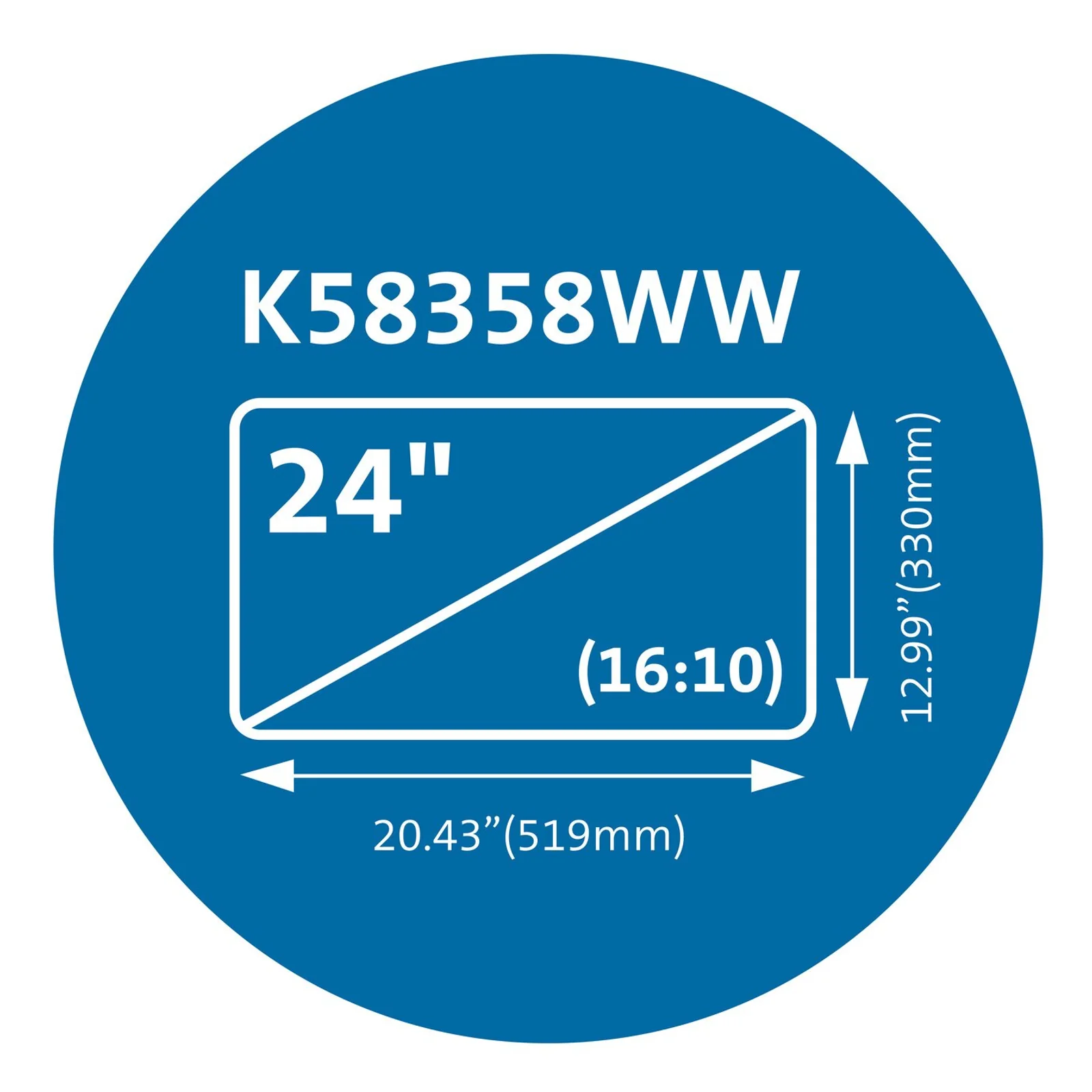 Schéma technique K58358WW sur fond bleu, format 24 pouces 16/10, dimensions 519 x 330 mm