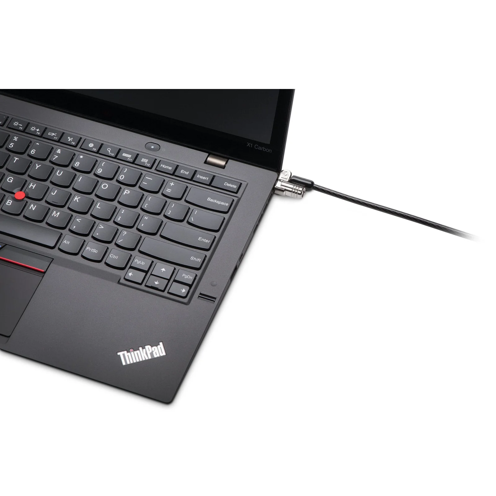 Câble antivol Kensington MicroSaver 2.0 branché sur un Lenovo ThinkPad, vue de profil