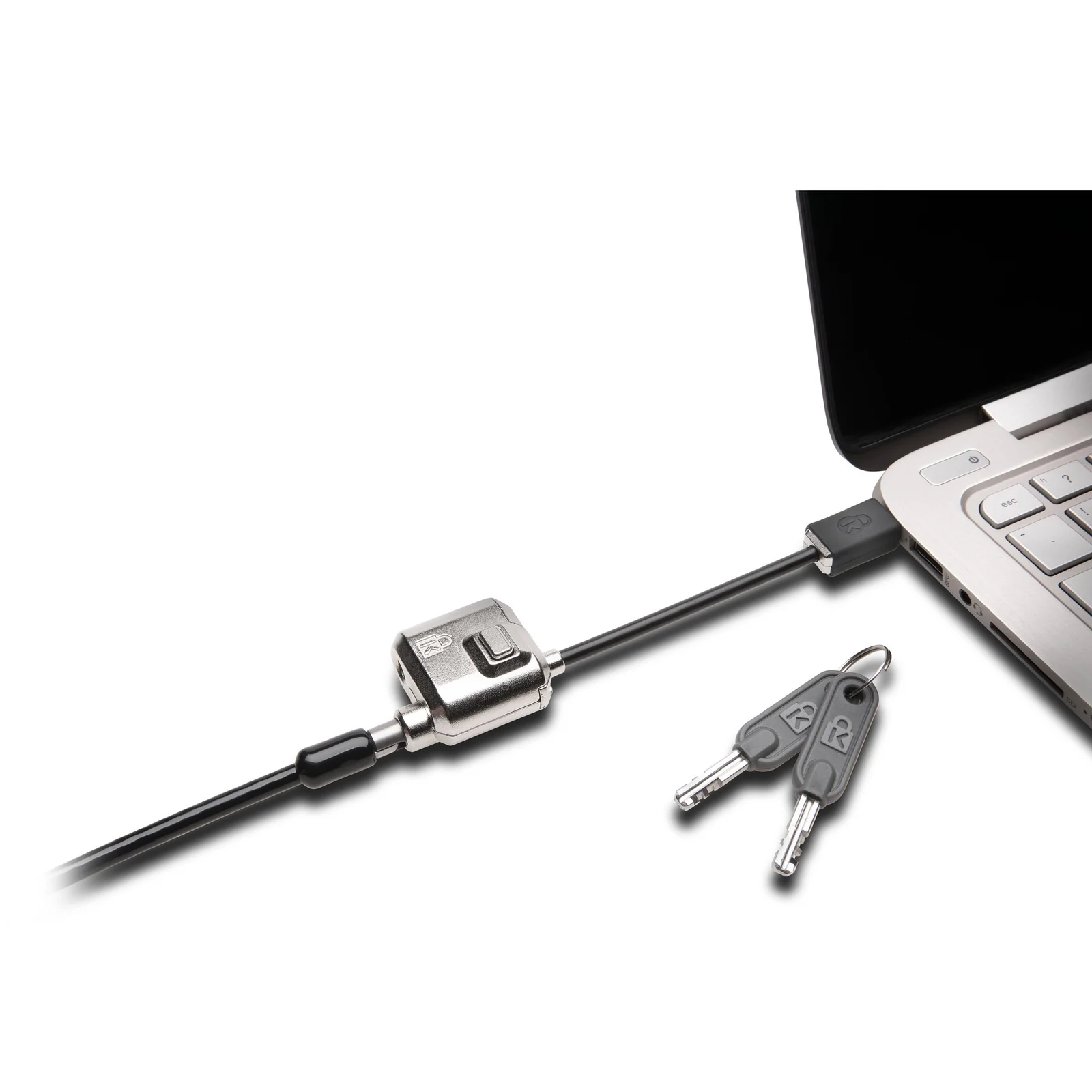 Antivol Kensington MiniSaver Mobile fixé sur laptop avec câble déployé et clés plates visibles