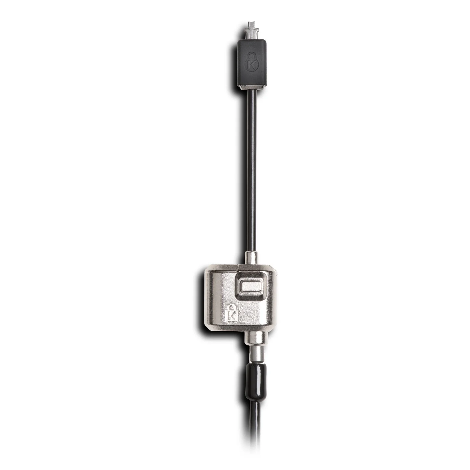 Tête de serrure Kensington MiniSaver Mobile, finition argent et noir, vue verticale avec câble